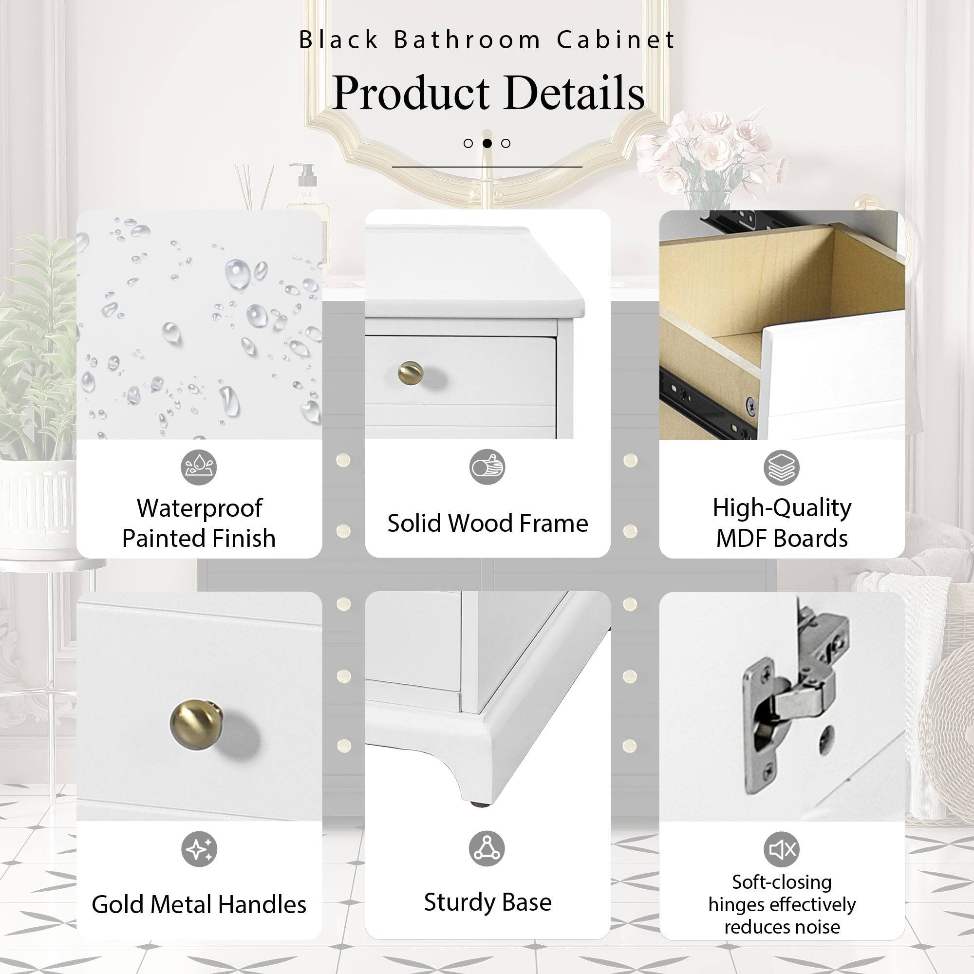 Black Bathroom Cabinet Product Details

- Waterproof Painted Finish
- Solid Wood Frame
- High-Quality MDF Boards
- Gold Metal Handles
- Sturdy Base
- Soft-closing hinges effectively reduce noise