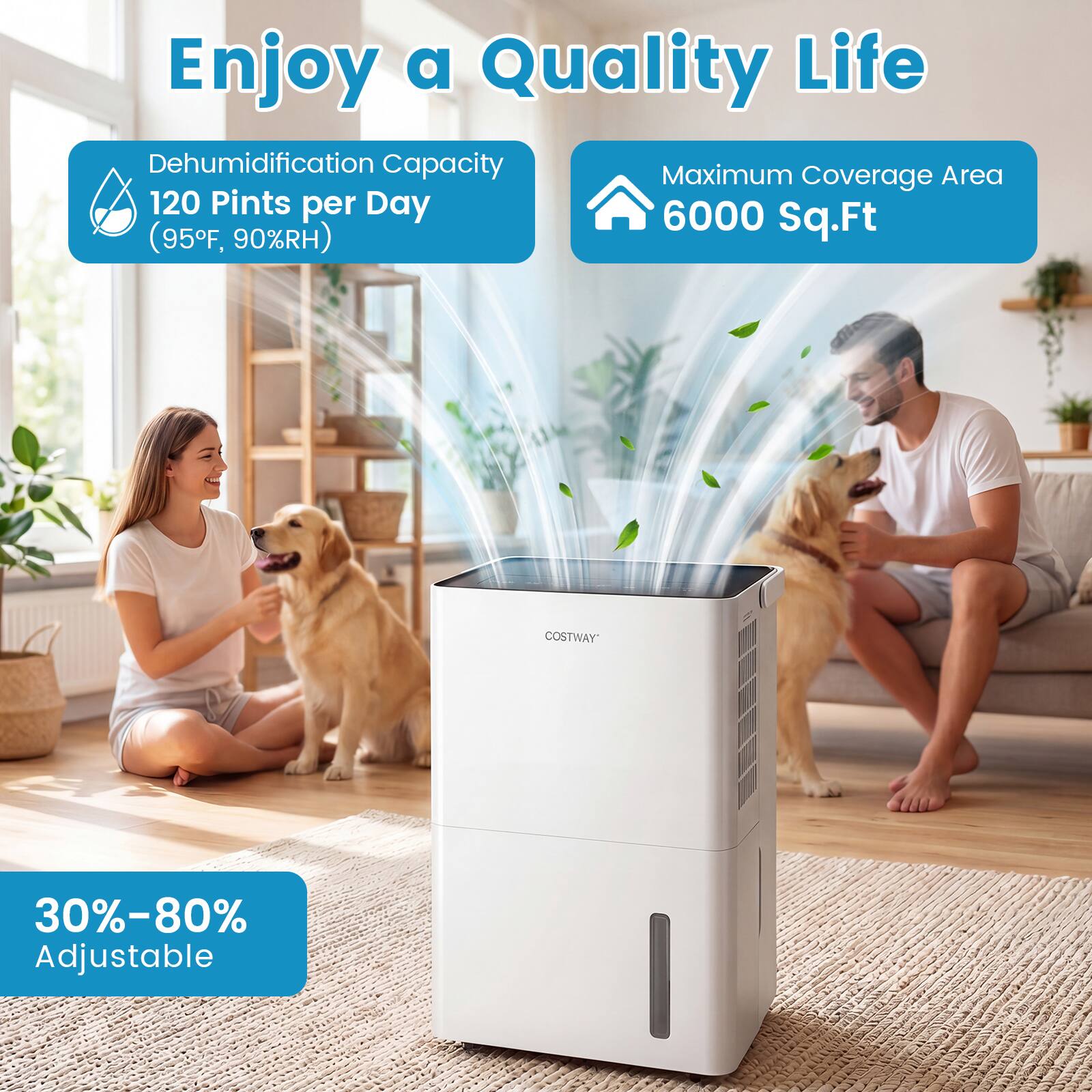 Enjoy a Quality Life

Dehumidification Capacity
120 Pints per Day
(95°F, 90%RH)

Maximum Coverage Area
6000 Sq.Ft

30%-80% Adjustable