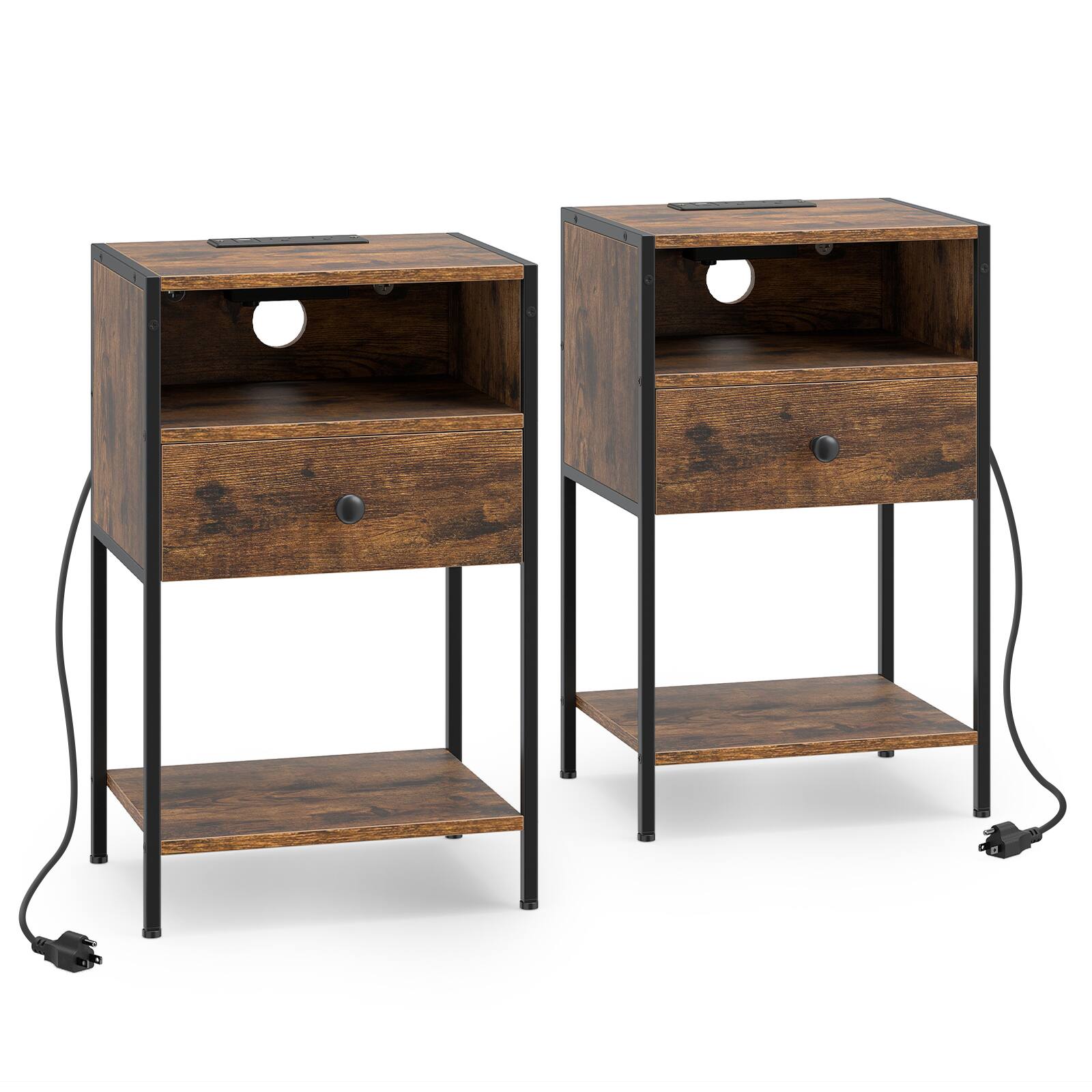 Alt View 9. Gymax - Gymax 2Pcs Nightstand w/ Charging Station Bedside Table w/ USB Ports & Outlets Rustic Brown & Black - Brown.