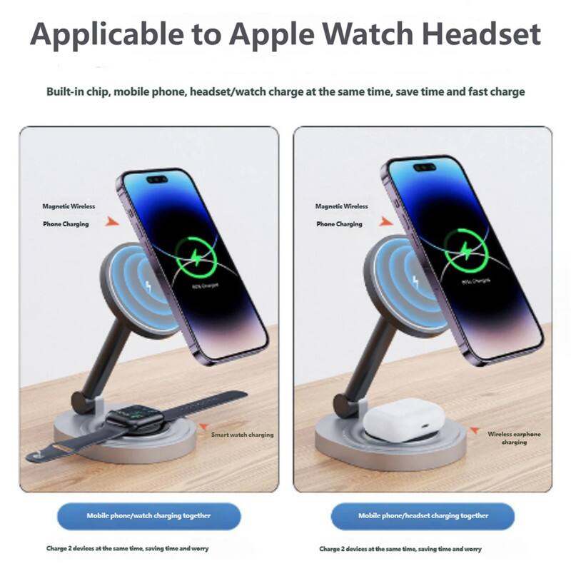 Applicable to Apple Watch Headset

Built-in chip, mobile phone, headset/watch charge at the same time, save time and fast charge

Magnetic Wireless Phone Charging

Mobile phone/watch charging together

Mobile phone/headset charging together

Charge 2 devices at the same time, saving time and worry