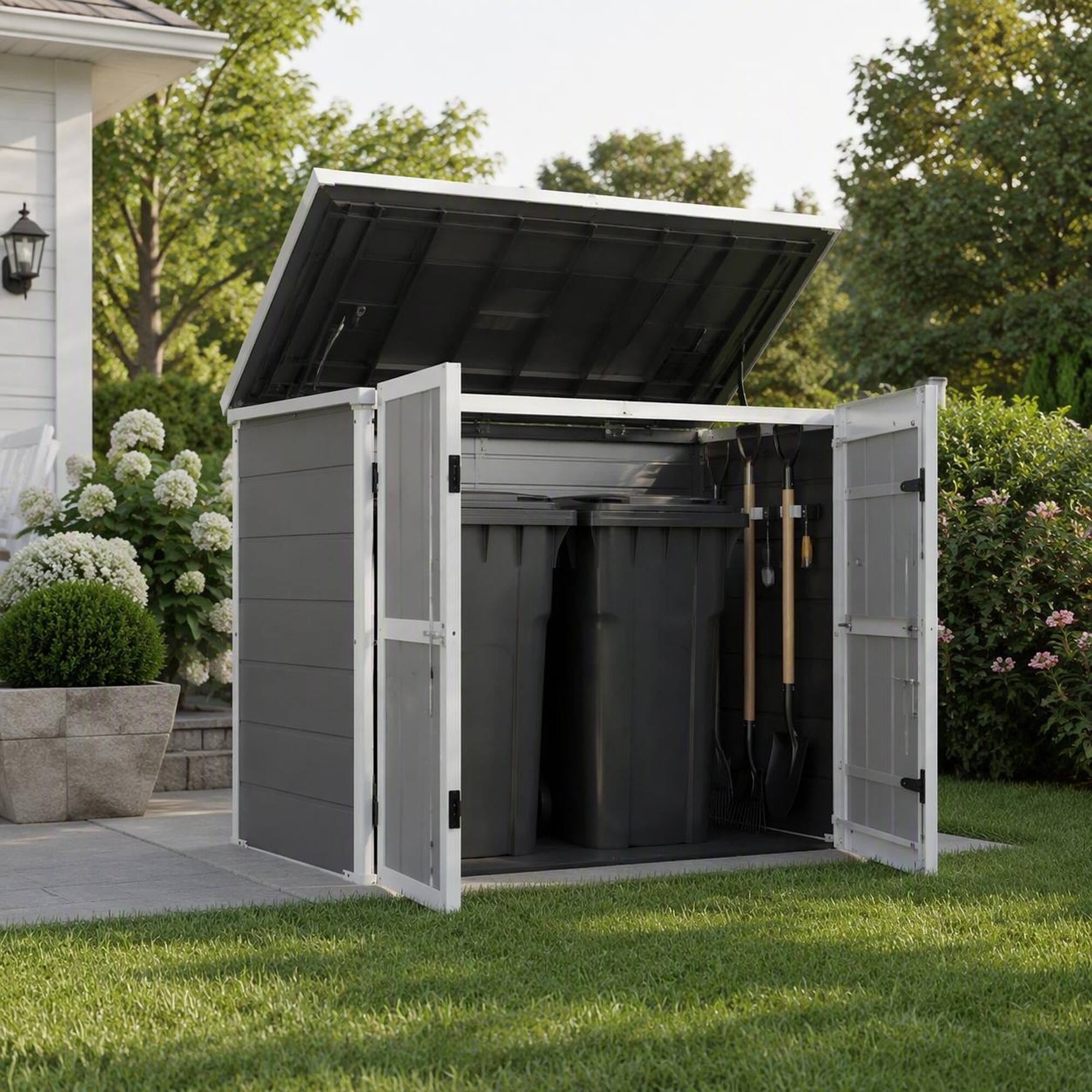 Angle. RYHNUYNE - Storage Cabinet Roll-In Ramp Hydraulic Lid Lockable Trash Bins Tools Firewood - Gray.