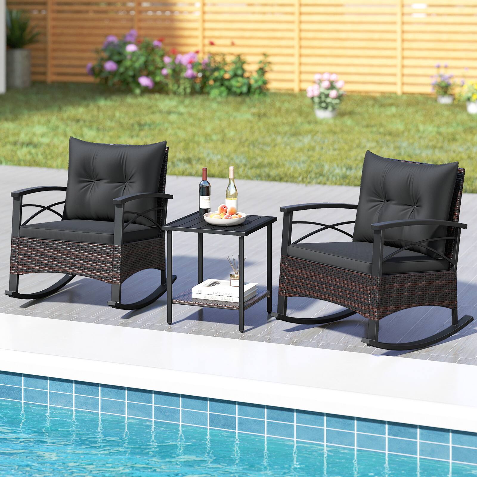 Alt View 8. Ecooso - 3-Piece PE Rattan Rocking Bistro Set with Wood Top Table - Black.