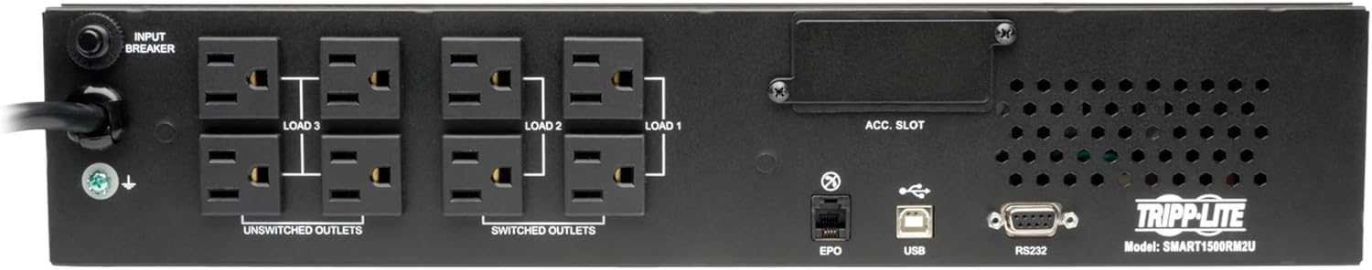 INPUT BREAKER  
LOAD 3  
LOAD 2  
LOAD 1  
ACC. SLOT  
UNSWITCHED OUTLETS  
SWITCHED OUTLETS  
EPO  
USB  
RS232  
TRIPP-LITE  
Model: SMART1500RM2U