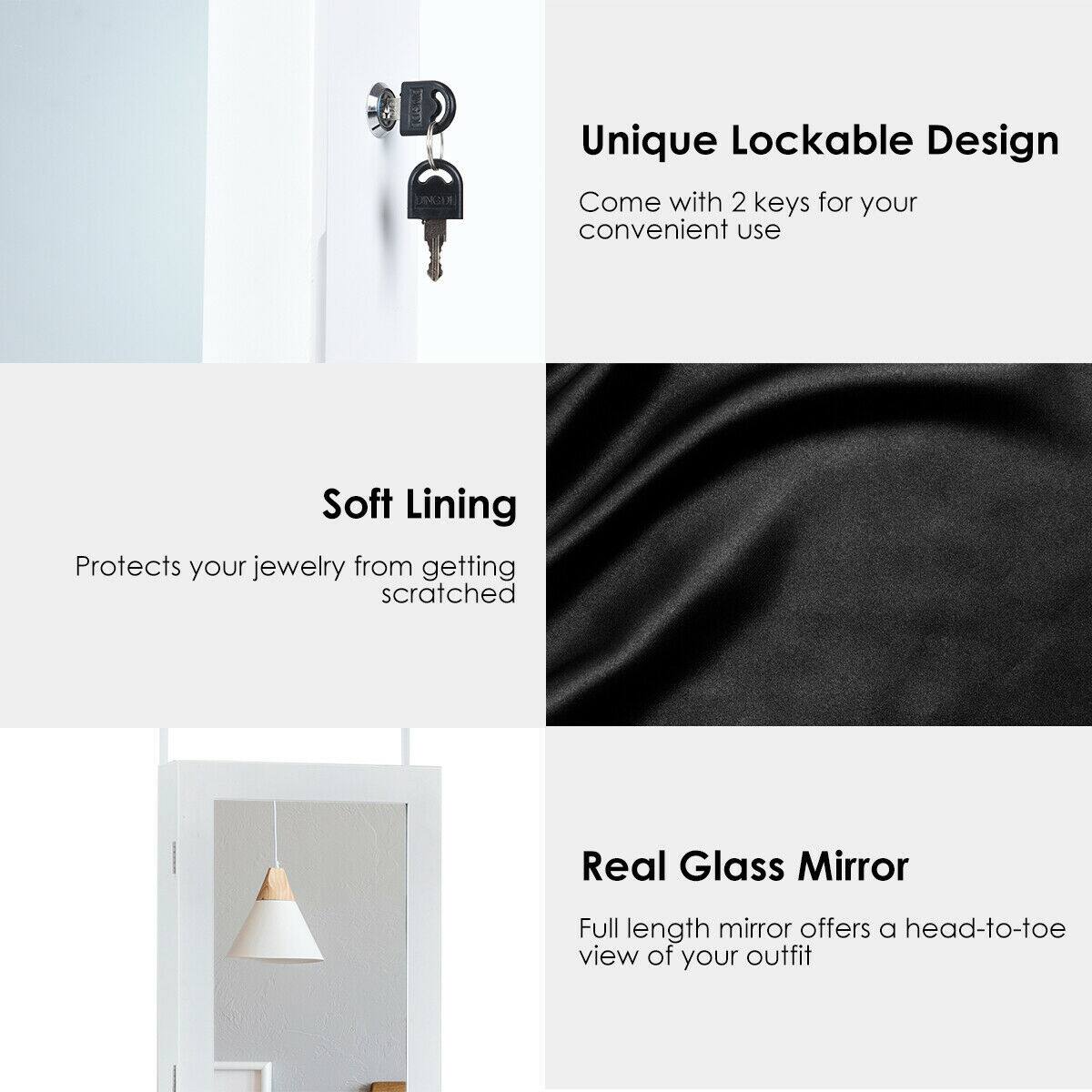 - Unique Lockable Design: Come with 2 keys for your convenient use
- Soft Lining: Protects your jewelry from getting scratched
- Real Glass Mirror: Full length mirror offers a head-to-toe view of your outfit