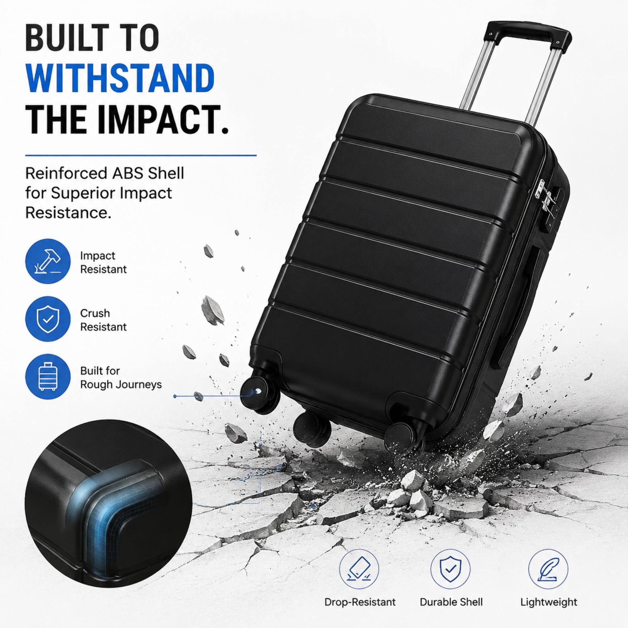 BUILT TO WITHSTAND THE IMPACT.  
Reinforced ABS Shell for Superior Impact Resistance.  
Impact Resistant  
Crush Resistant  
Built for Rough Journeys  
Drop-Resistant  
Durable Shell  
Lightweight