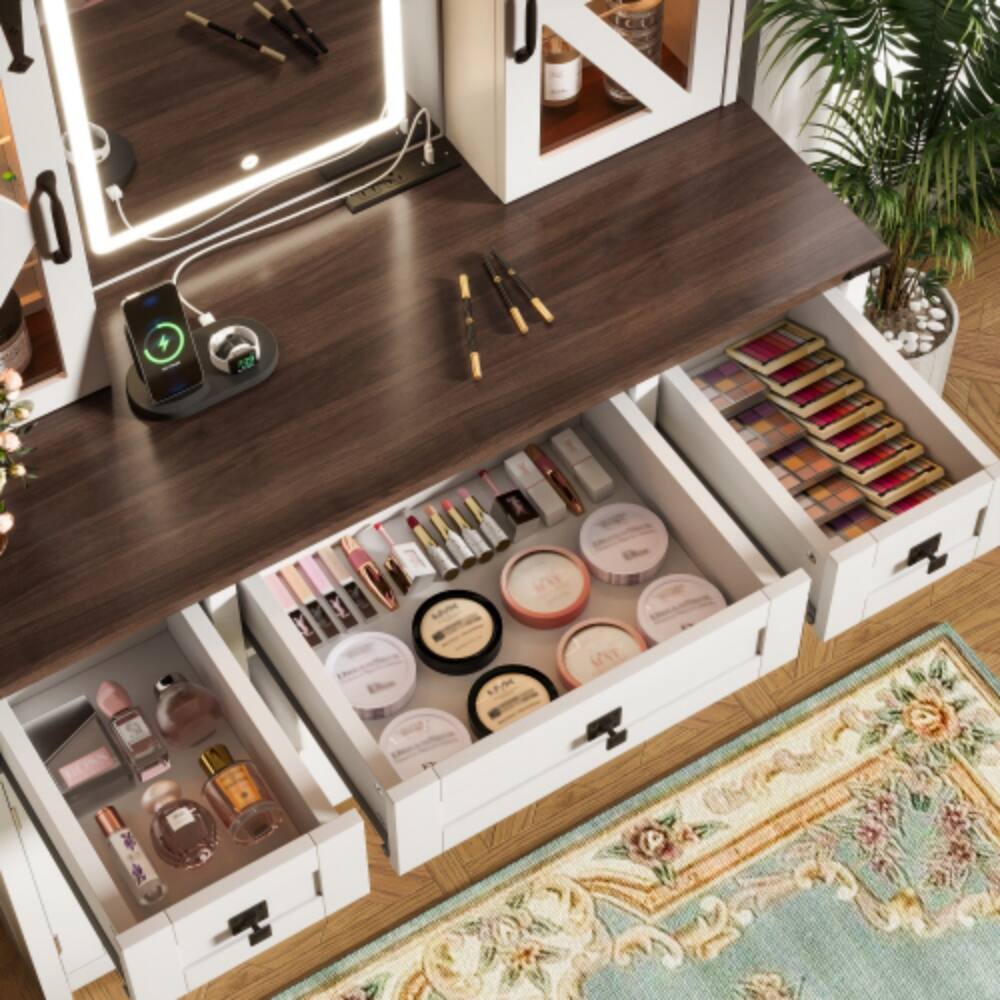 Alt View 2. LUCKY ONE - 43.3" Farmhouse Makeup Vanity Desk w/ Lighted Mirror Charging Station Barn Door - Beige.