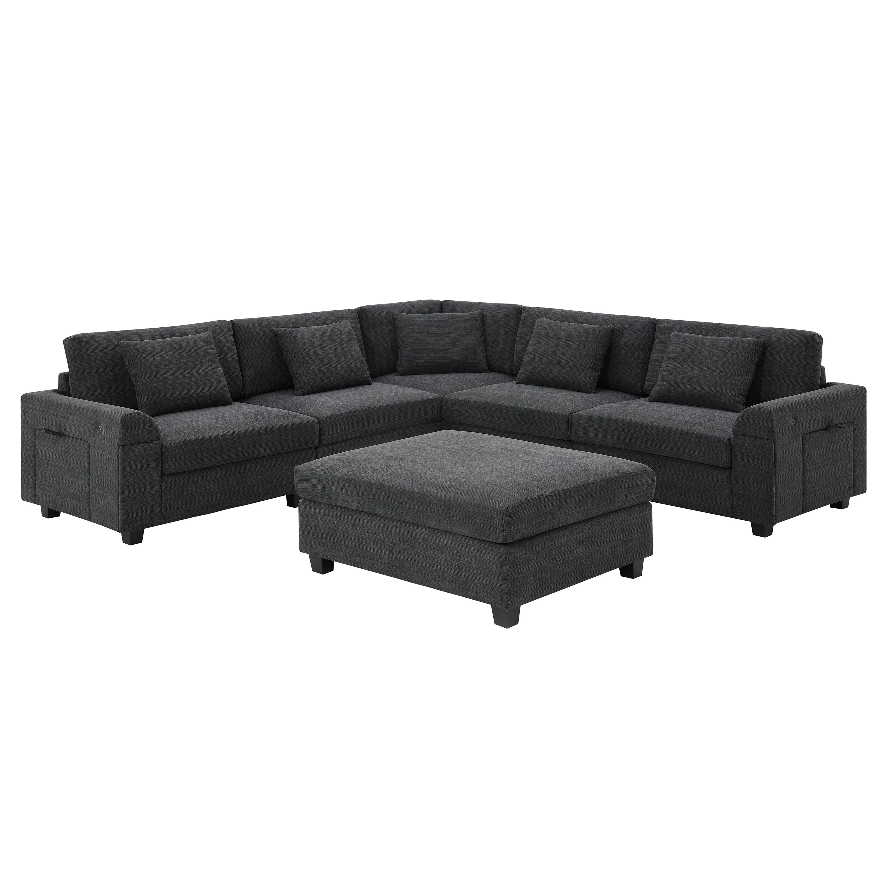 Back. Whisen - 128" U-Shaped Chenille Sectional Sofa with USB Charging Ports &Ottoman for Living Room - Black.