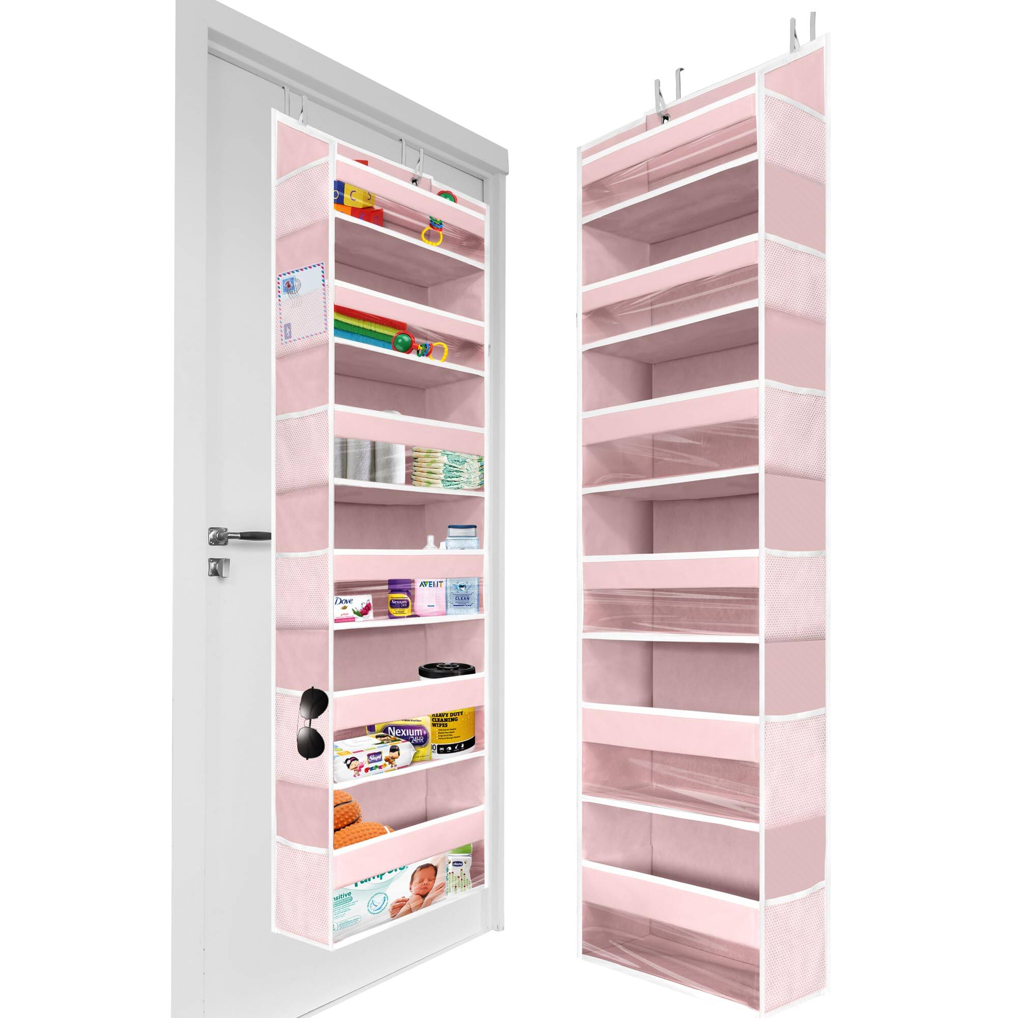 Empire DigiLabs - Heavy Duty Over The Door Organizer 55x14x6 7 6 Large Front & 12 Side Pockets Hanging Storage Closet For Bed - 4. Baby Pink 1 set