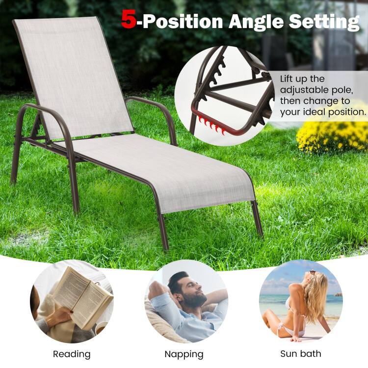 5-Position Angle Setting

Lift up the adjustable pole, then change to your ideal position.

Reading  
Napping  
Sun bath