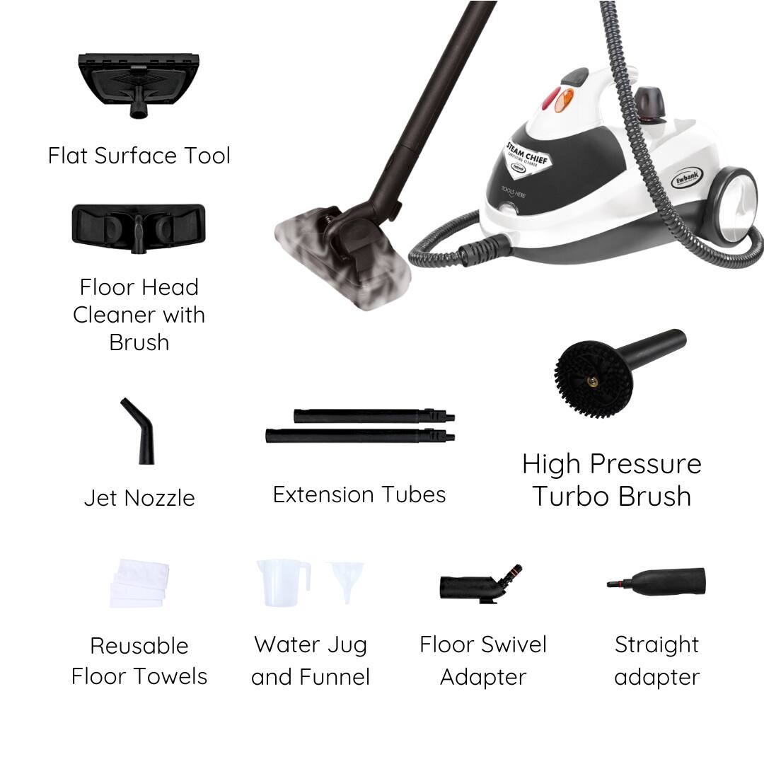 Flat Surface Tool, Floor Head Cleaner with Brush, Jet Nozzle, Extension Tubes, High Pressure Turbo Brush, Reusable Floor Towels, Water Jug and Funnel, Floor Swivel Adapter, Straight adapter