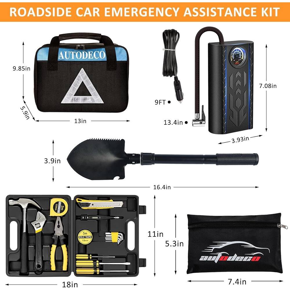 ROADSIDE CAR EMERGENCY ASSISTANCE KIT

- AUTODECO Bag: 9.85in x 5.9in x 13in
- Portable Air Compressor: 13.4in x 7.08in x 3.93in
- Jumper Cables: 9FT
- Shovel: 16.4in x 3.9in
- Tool Kit: 18in x 11in x 5.3in
- Pouch: 7.4in x 5.3in