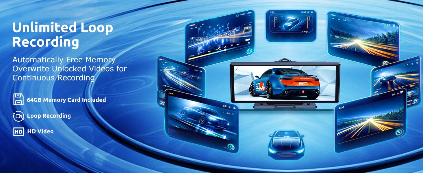 Unlimited Loop Recording  
Automatically Free Memory Overwrite Unlocked Videos for Continuous Recording  
64GB Memory Card Included  
Loop Recording  
HD Video
