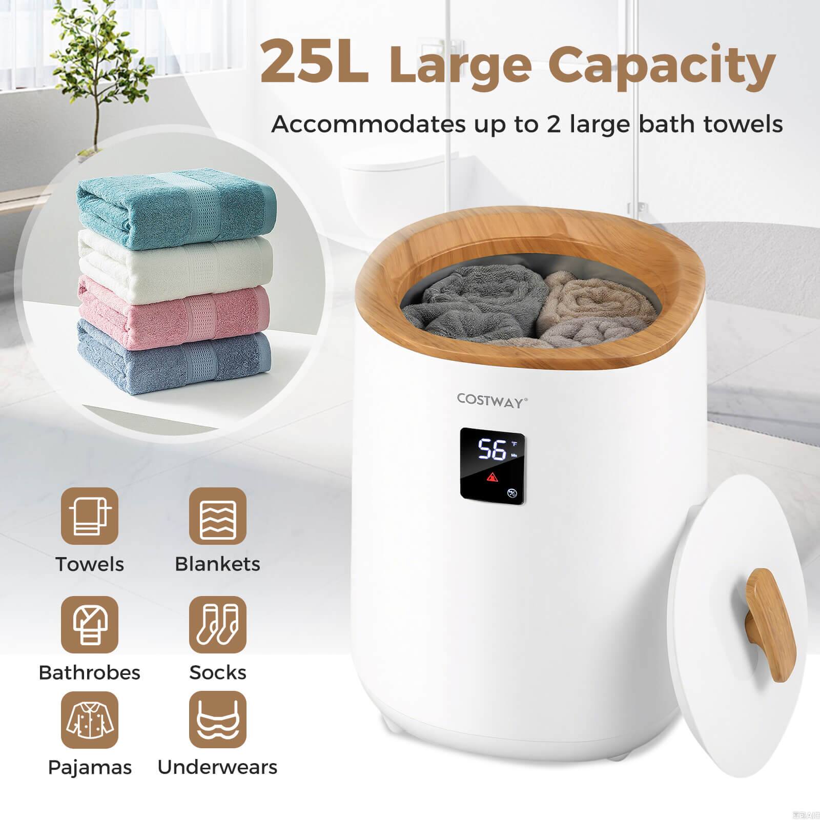 25L Large Capacity  
Accommodates up to 2 large bath towels  

COSTWAY  

Towels  
Blankets  
Bathrobes  
Socks  
Pajamas  
Underwears  

56°F