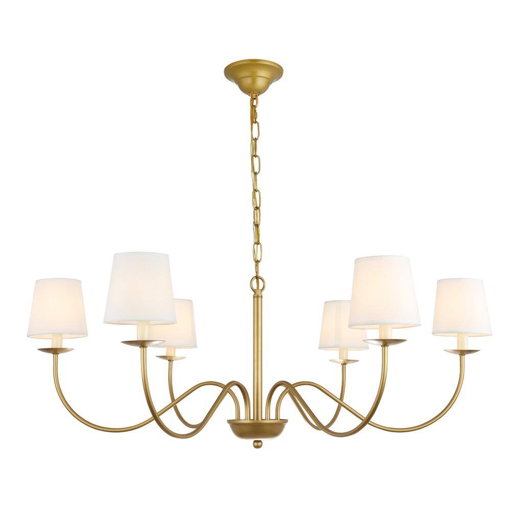 Alt View 7. Living District - Eclipse 6 light Brass and White shade chandelier - Brass And White Shade.
