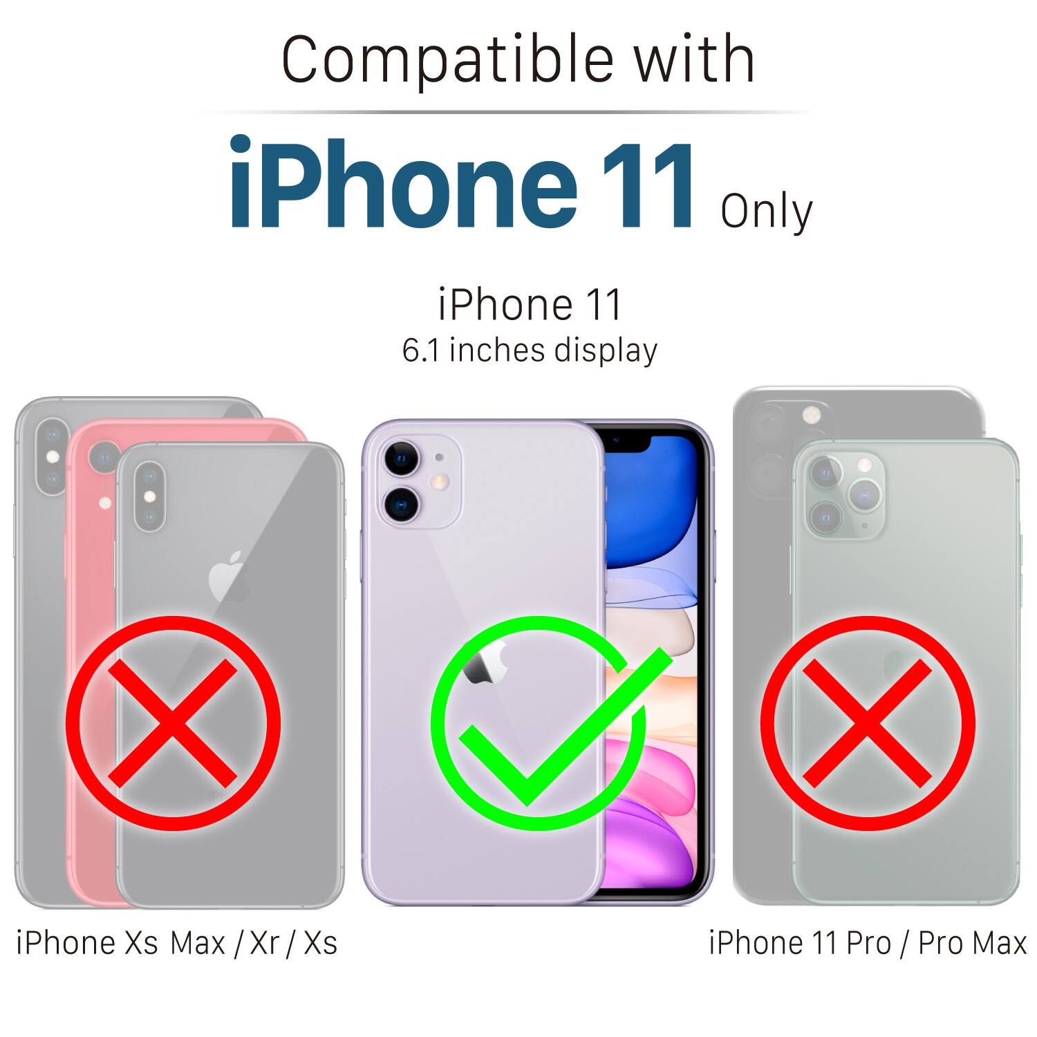 Compatible with iPhone 11 Only

iPhone 11 6.1 inches display

iPhone Xs Max / Xr / Xs

iPhone 11 Pro / Pro Max