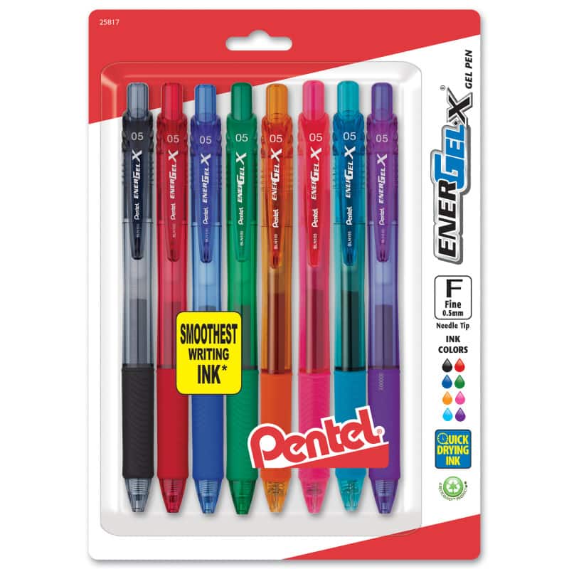 Pentel - EnerGel-X Retractable Liquid Gel Pen, (0.5mm) Needle Tip, Fine Line, Assorted Ink, 8-Pack