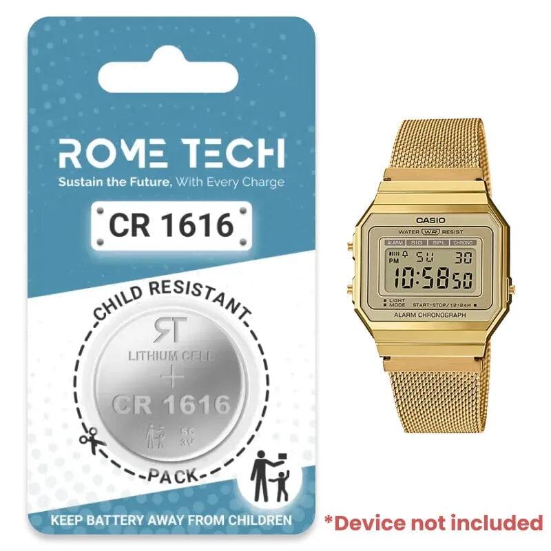 ROME TECH  
Sustain the Future, With Every Charge  

CR 1616  
CHILD RESISTANT  
LITHIUM CELL  

CR 1616  

CASIO  
WATER RESIST  
ALARM SIG SPL CHRONO  
LIGHT MODE START-STOP/12-24H  
ALARM CHRONOGRAPH  

KEEP BATTERY AWAY FROM CHILDREN  

*Device not included