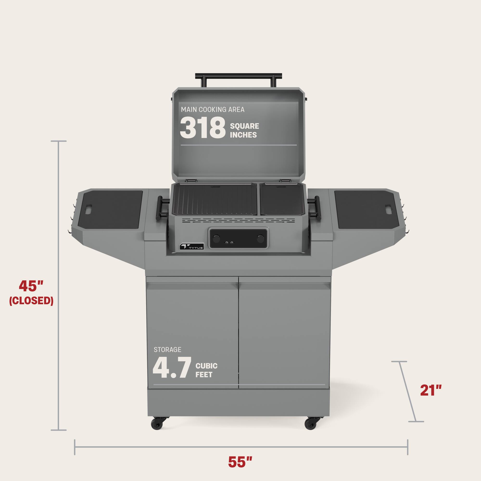 MAIN COOKING AREA  
318 SQUARE INCHES  

STORAGE  
4.7 CUBIC FEET  

45" (CLOSED)  
55"  
21"