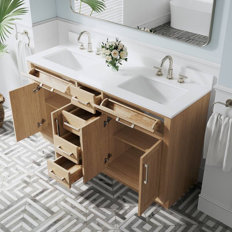 Left. WELLFOR - 60 in Solid Wood Bathroom Vanity with Double Sink,4 Doors,6 Drawers& Cultured Marble Countertop,Brushed Nickel Handle - OAK.