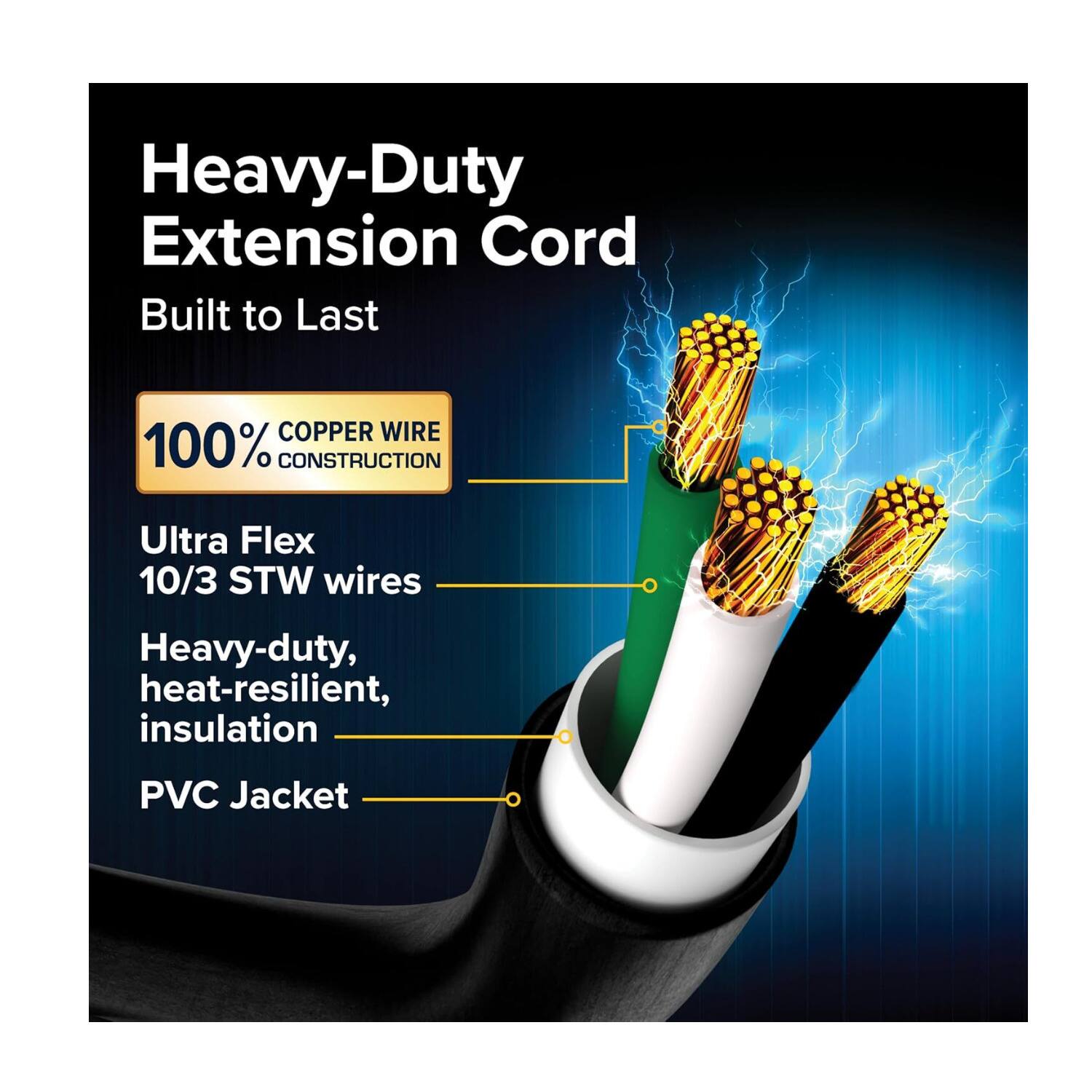 Heavy-Duty Extension Cord  
Built to Last  

100% COPPER WIRE CONSTRUCTION  

Ultra Flex  
10/3 STW wires  

Heavy-duty, heat-resilient, insulation  

PVC Jacket