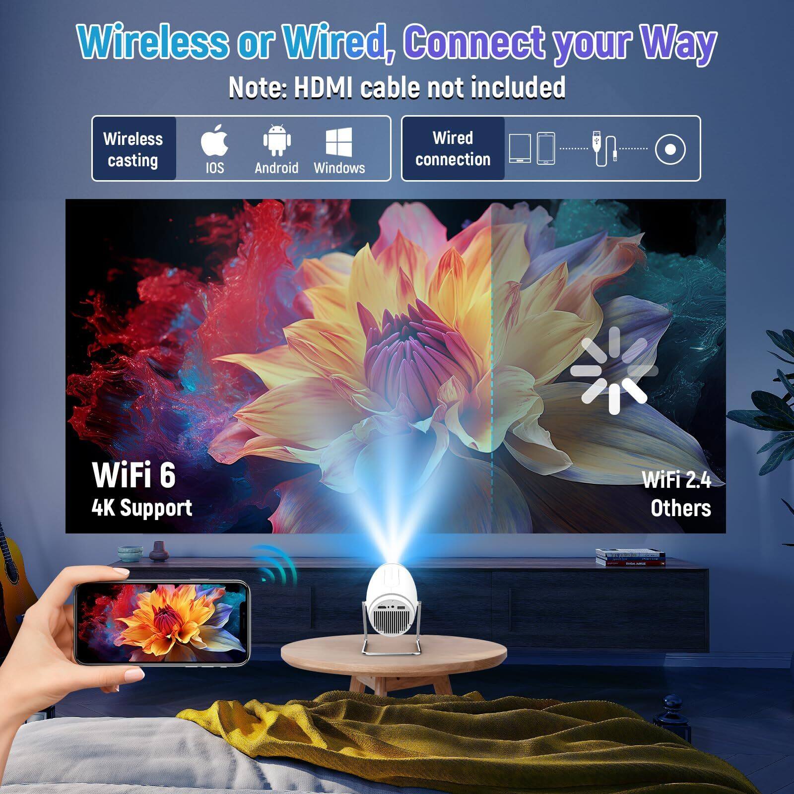 Wireless or Wired, Connect your Way  
Note: HDMI cable not included  

Wireless casting  
- iOS  
- Android  
- Windows  

Wired connection  

WiFi 6  
4K Support  

WiFi 2.4  
Others