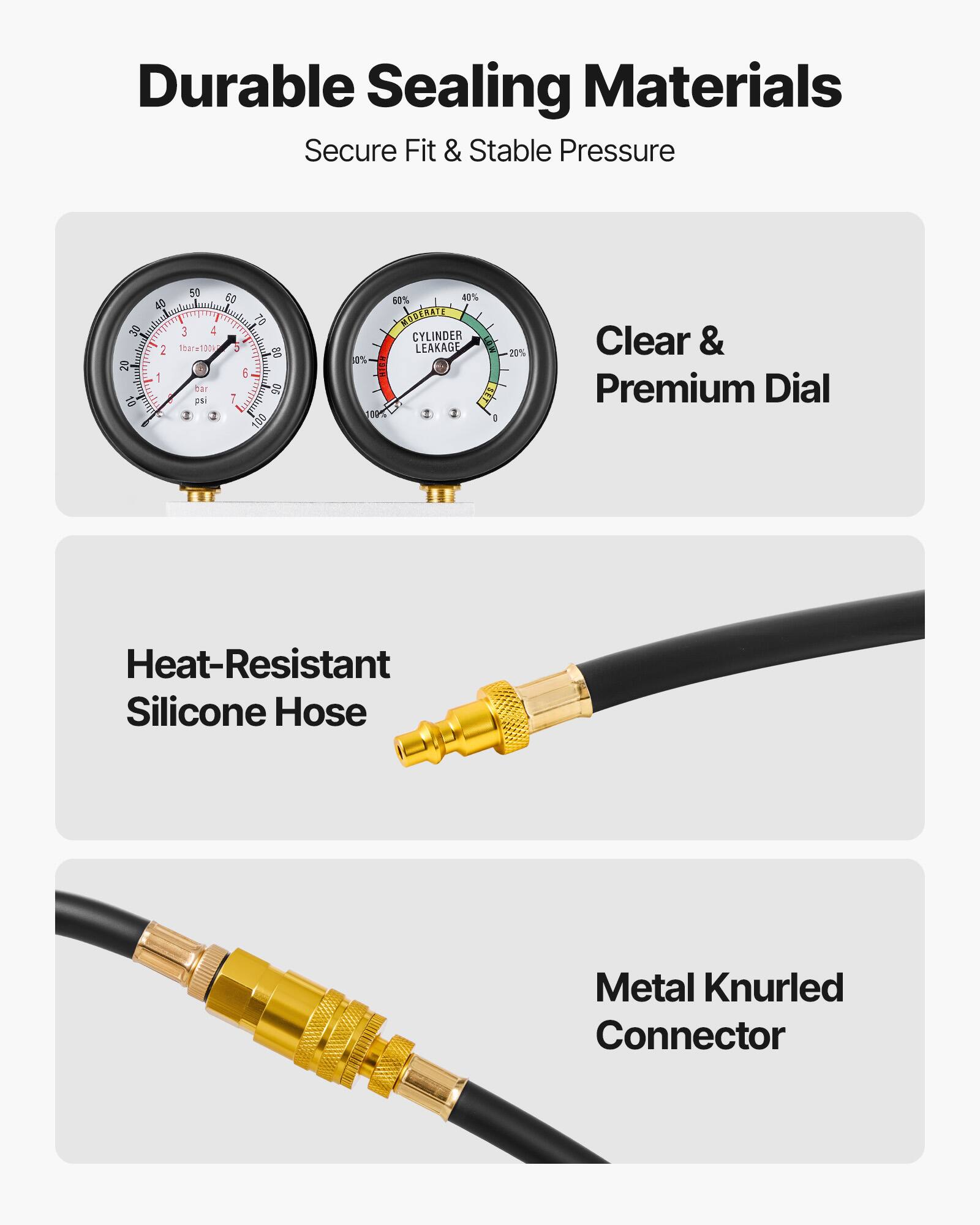 Durable Sealing Materials  
Secure Fit & Stable Pressure  

Clear & Premium Dial  

Heat-Resistant Silicone Hose  

Metal Knurled Connector