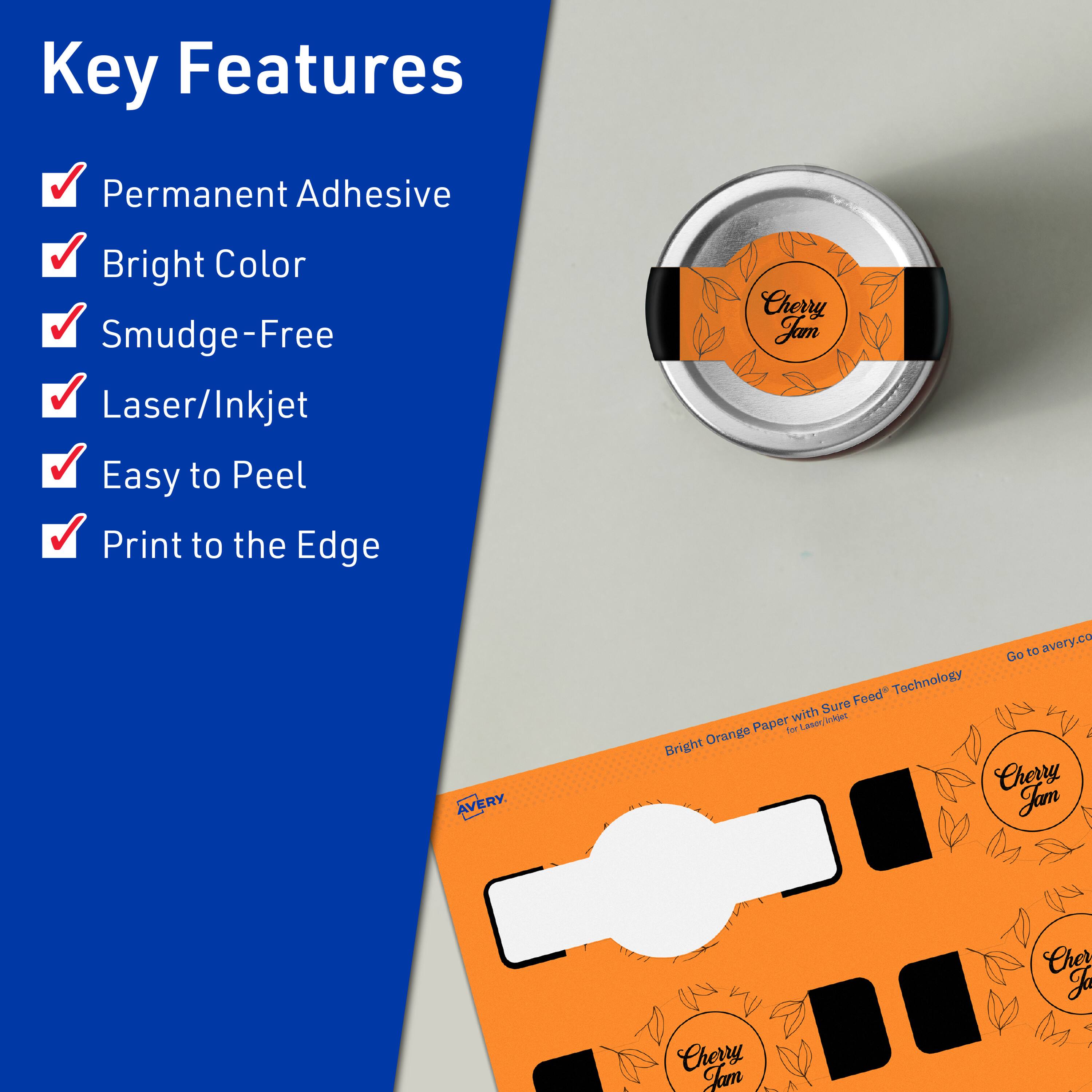Key Features  
- Permanent Adhesive  
- Bright Color  
- Smudge-Free  
- Laser/Inkjet  
- Easy to Peel  
- Print to the Edge  

Bright Orange Paper with Sure Feed™ Technology  
For Laser/Inkjet  

Cherry Jam  

Go to avery.co