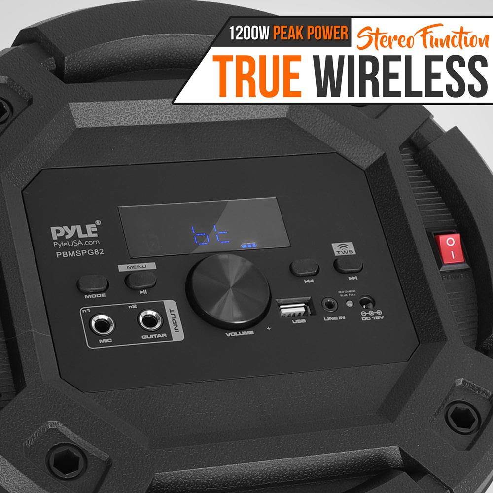 1200W PEAK POWER  
Stereo Function  
TRUE WIRELESS  

PYLE  
PyleUSA.com  
PBMSPG82  

MENU  
MODE  
MIC  
GUITAR  
INPUT  
VOLUME  
LINE IN  
USB  
DC 18V  

TWS  
POWER