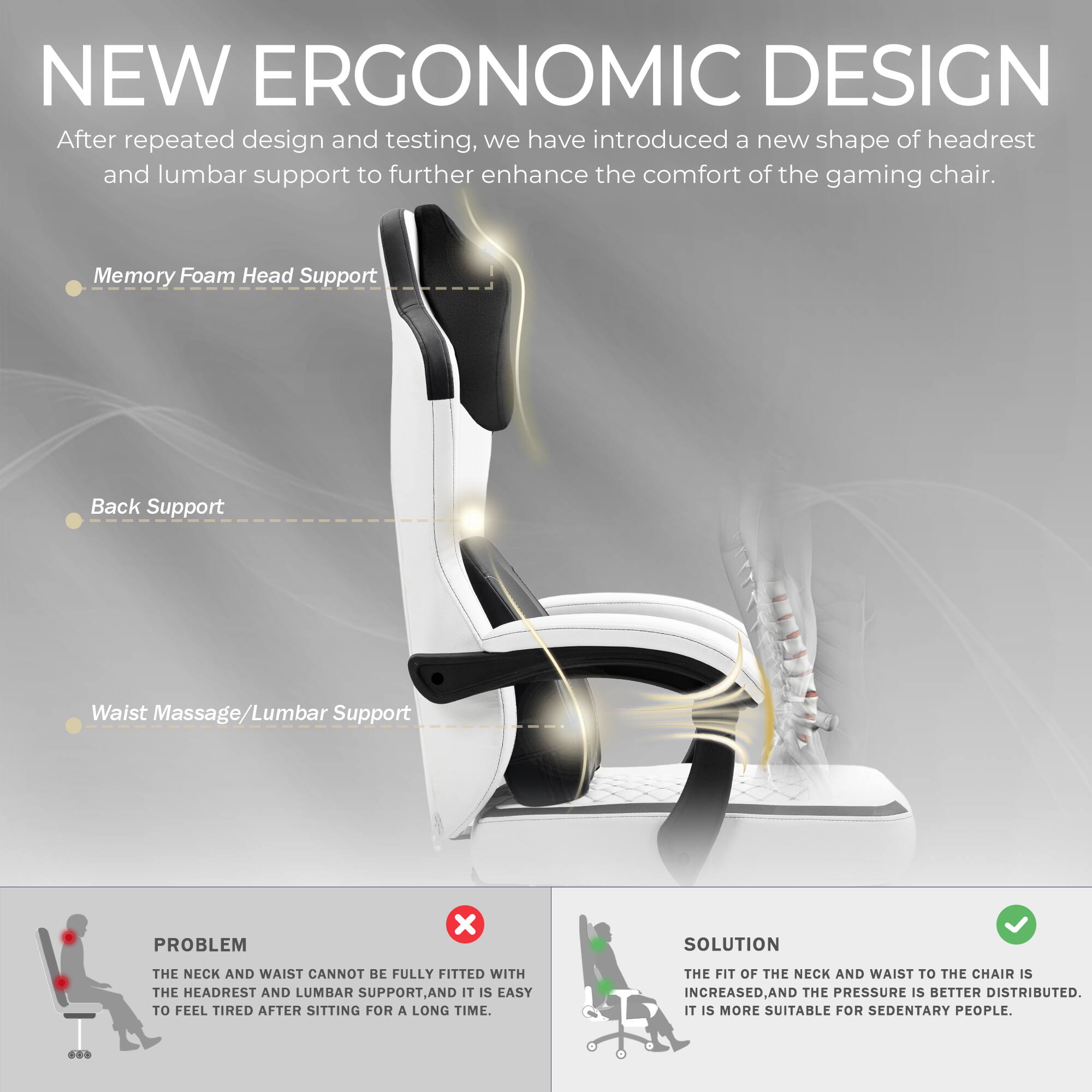**NEW ERGONOMIC DESIGN**

After repeated design and testing, we have introduced a new shape of headrest and lumbar support to further enhance the comfort of the gaming chair.

- Memory Foam Head Support
- Back Support
- Waist Massage/Lumbar Support

**PROBLEM**

THE NECK AND WAIST CANNOT BE FULLY FITTED WITH THE HEADREST AND LUMBAR SUPPORT, AND IT IS EASY TO FEEL TIRED AFTER SITTING FOR A LONG TIME.

**SOLUTION**

THE FIT OF THE NECK AND WAIST TO THE CHAIR IS INCREASED, AND THE PRESSURE IS BETTER DISTRIBUTED. IT IS MORE SUITABLE FOR SEDENTARY PEOPLE.