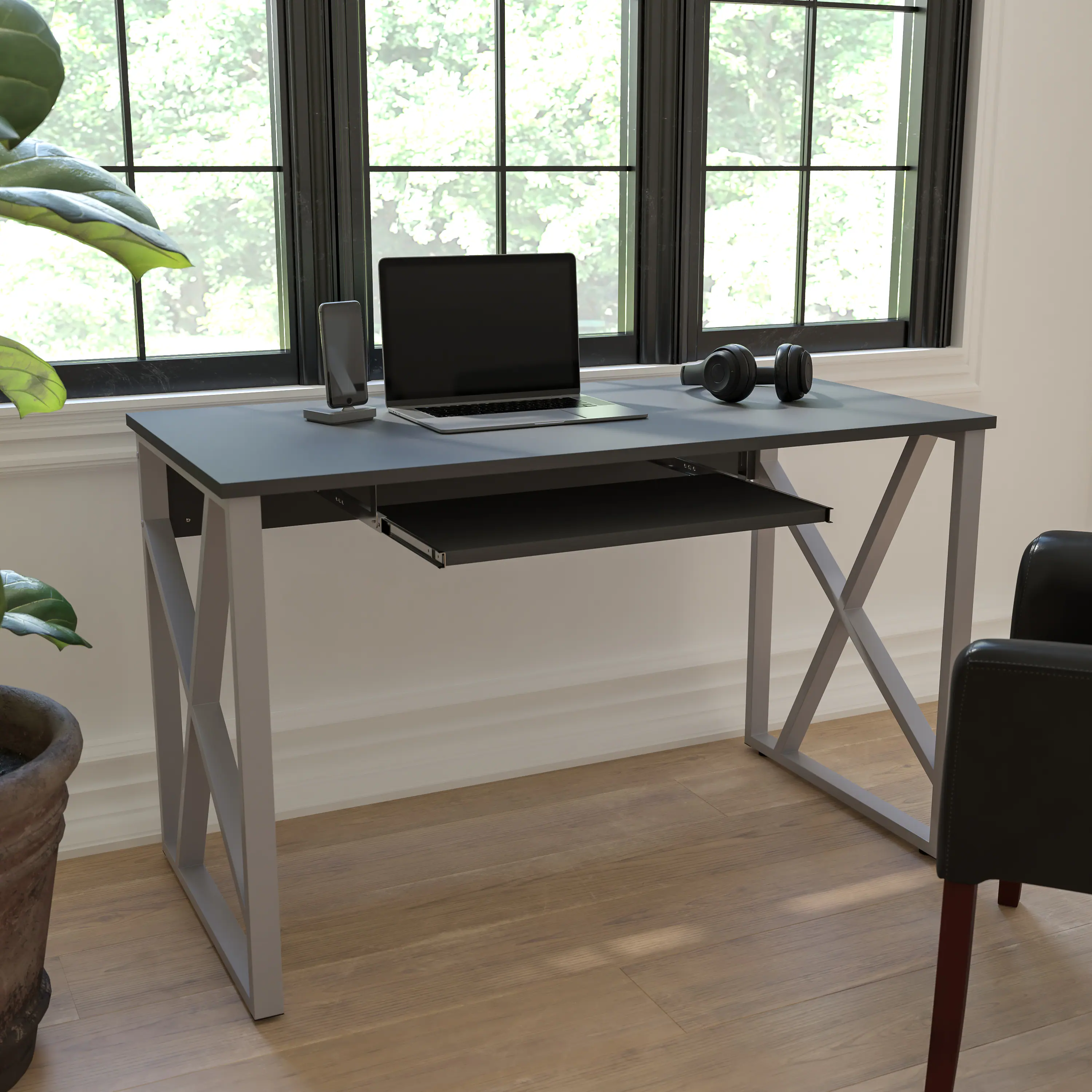 Alt View 1. Emma + Oliver - Computer Desk with Pull-Out Keyboard Tray and Cross-Brace Frame - Black.