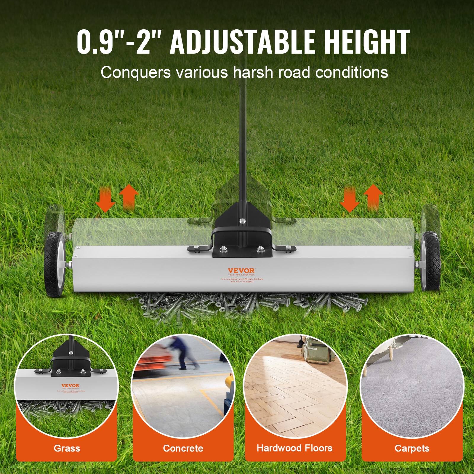 0.9" - 2" Adjustable Height  
Conquers various harsh road conditions  

Grass  
Concrete  
Hardwood Floors  
Carpets