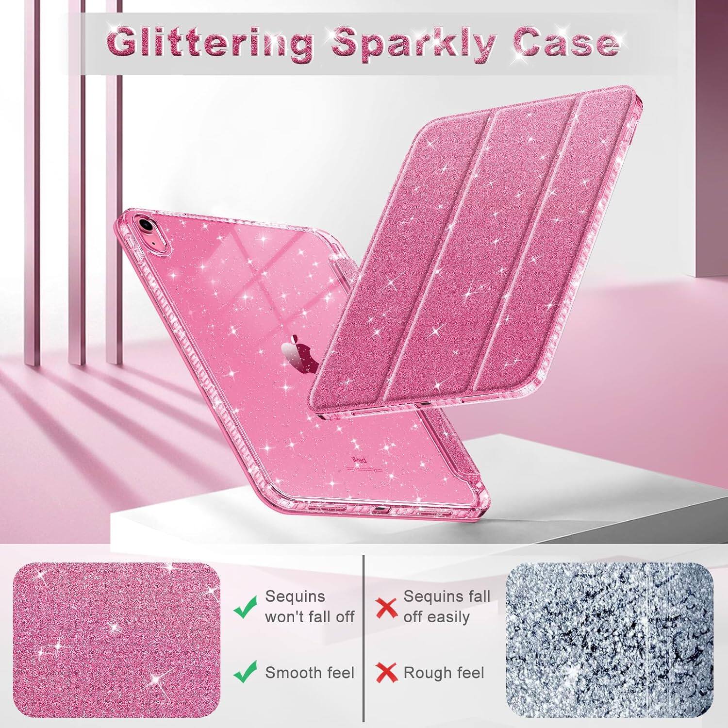 Glittering Sparkly Case

- Sequins won't fall off
- Smooth feel

- Sequins fall off easily
- Rough feel