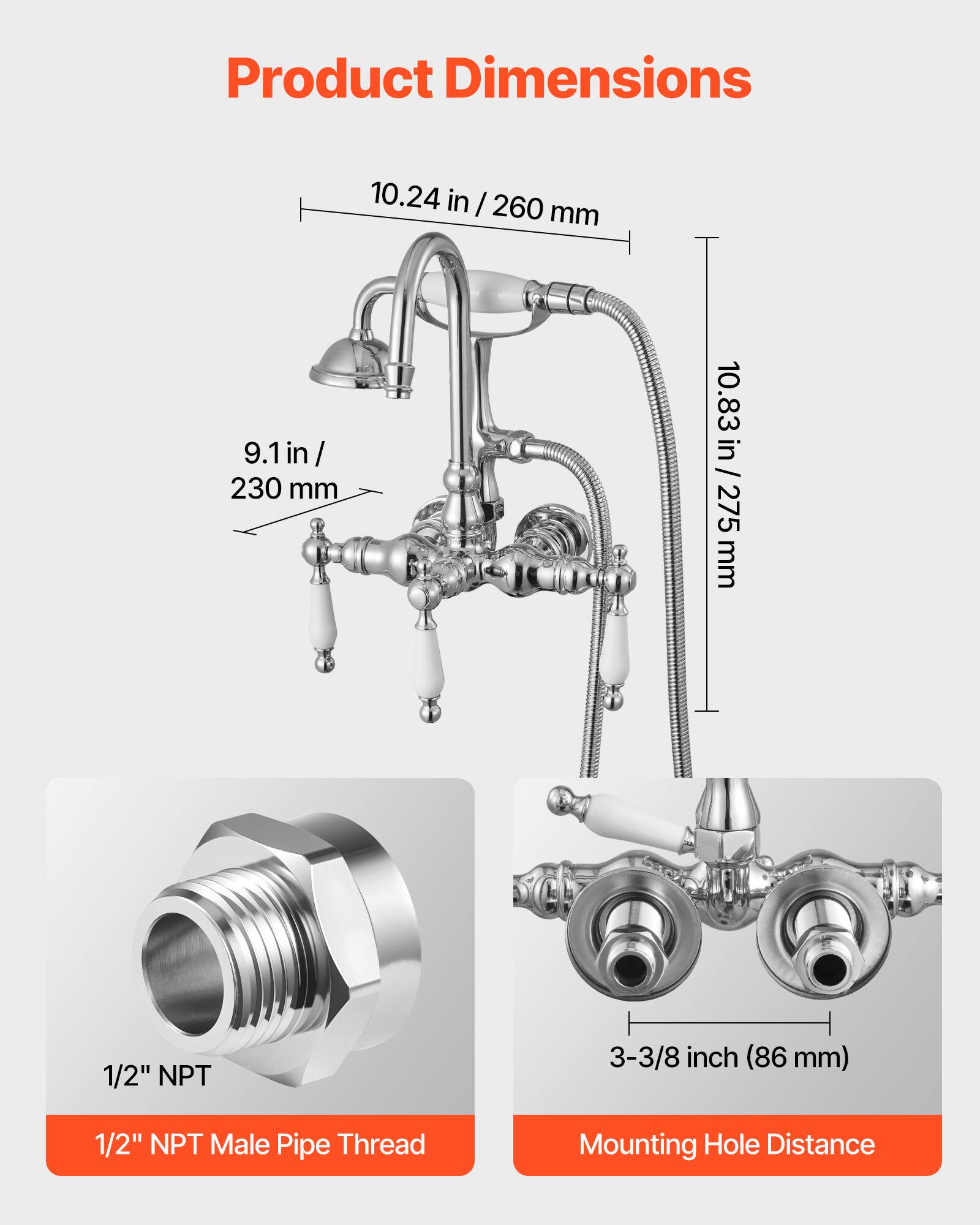 Product Dimensions

- 10.24 in / 260 mm
- 9.1 in / 230 mm
- 10.83 in / 275 mm

1/2" NPT Male Pipe Thread

Mounting Hole Distance: 3-3/8 inch (86 mm)