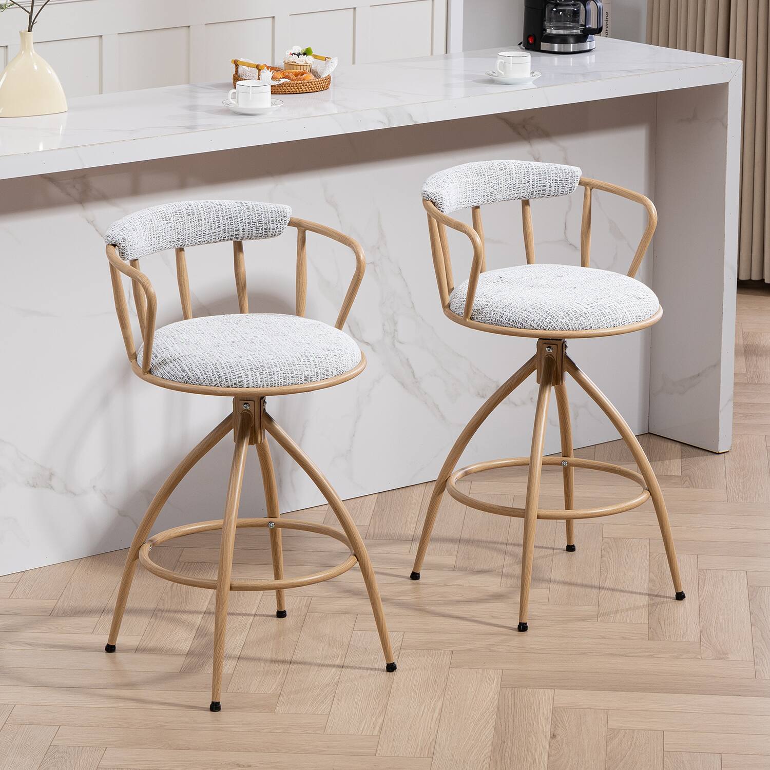Alt View 4. APRILSOUL - 26 Swivel Counter Height Bar Stool Set of 2 Fabric Seat Water Transfer Metal Frame BEIGE - White.