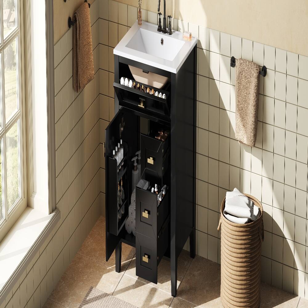 Left. Loheer - Loheer 24 inch black bathroom vanity with sink, MDF and Rubberwood, 3 Drawers - Black.