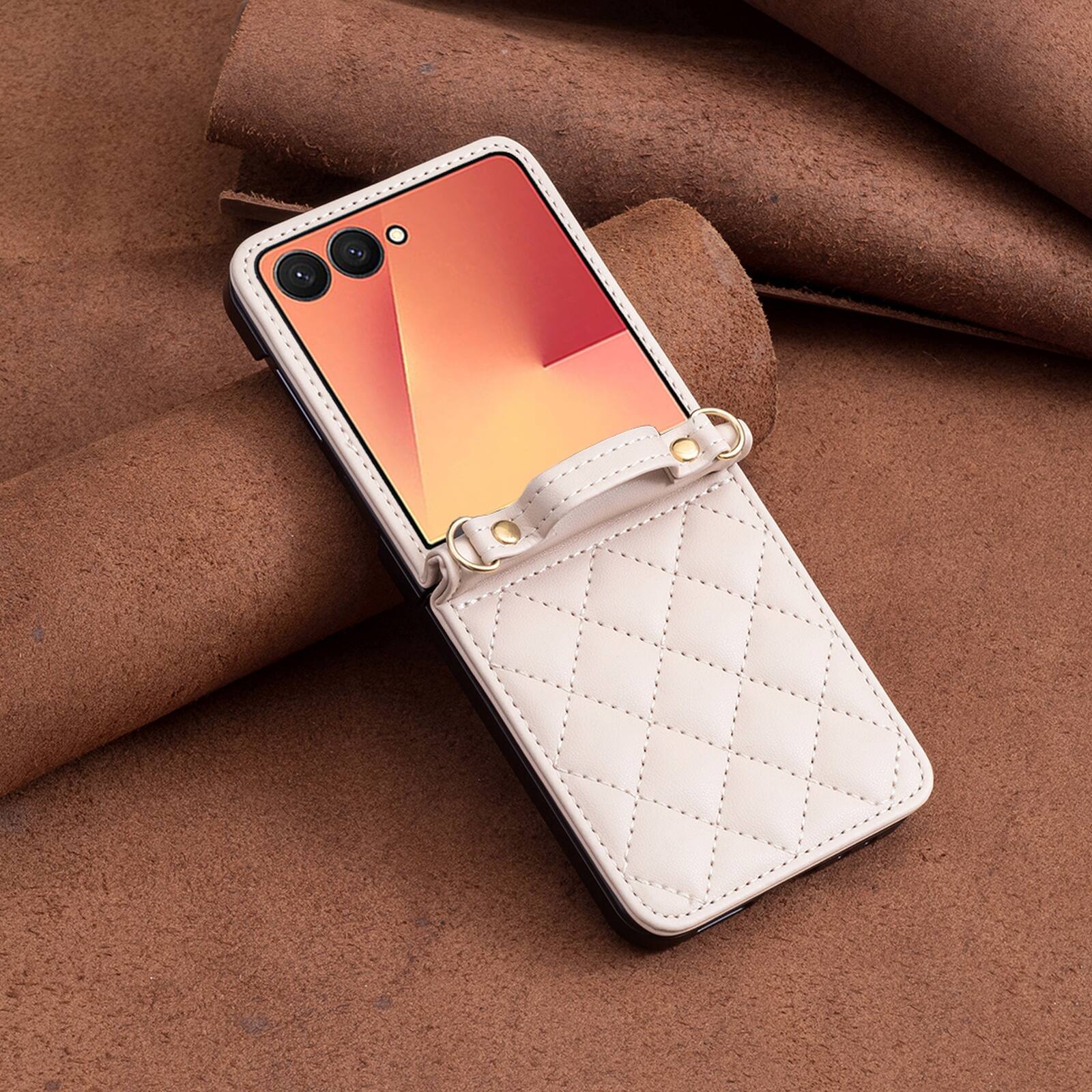 Alt View 7. Dteck - Shockproof Case for Samsung Galaxy Z Flip8 with Crossbody Lanyard, PU Leather Hard PC Cover, Raised Edge Camera Defense - Beige.