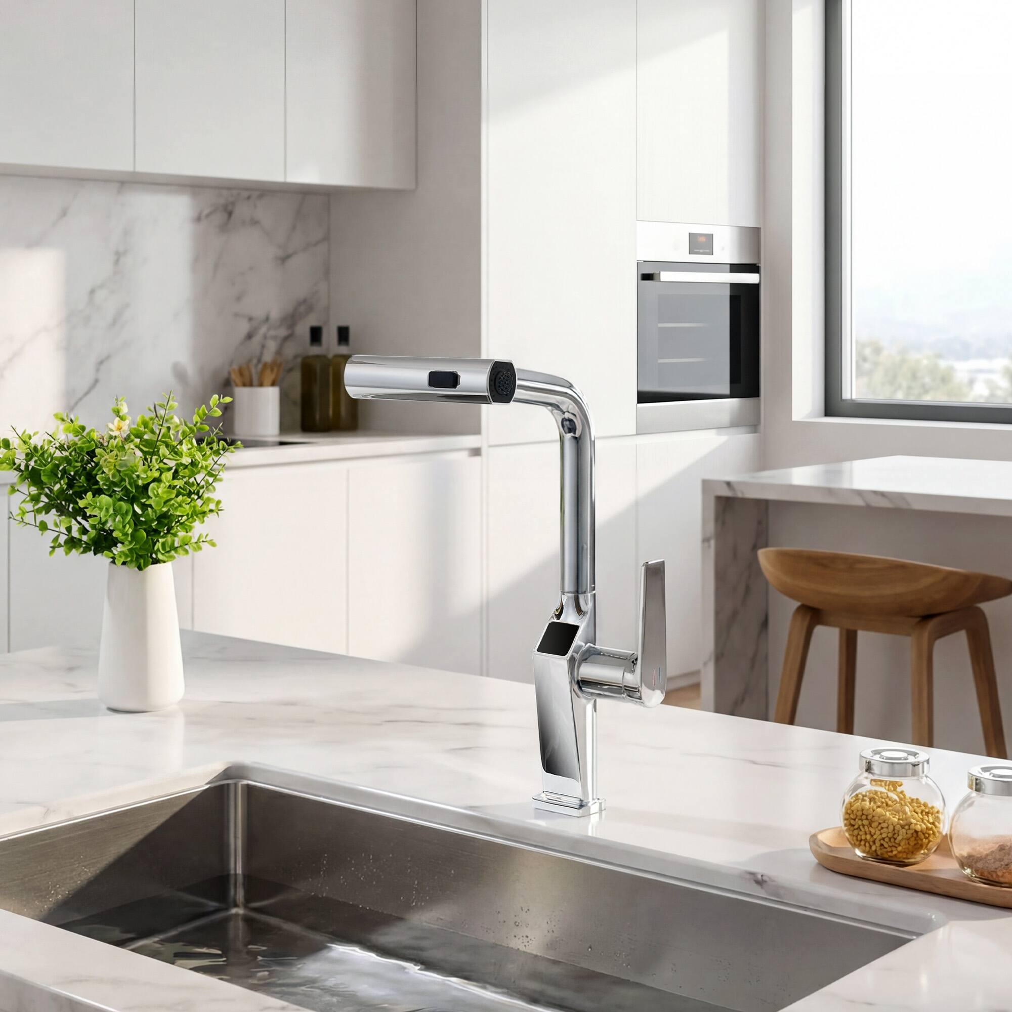 Alt View 1. Boyel Living - Touchless Chrome Kitchen Faucet with LED Display Motion Sensor Kitchen Sink Faucet with 3-Function Pull-Out Sprayer - Chrome.