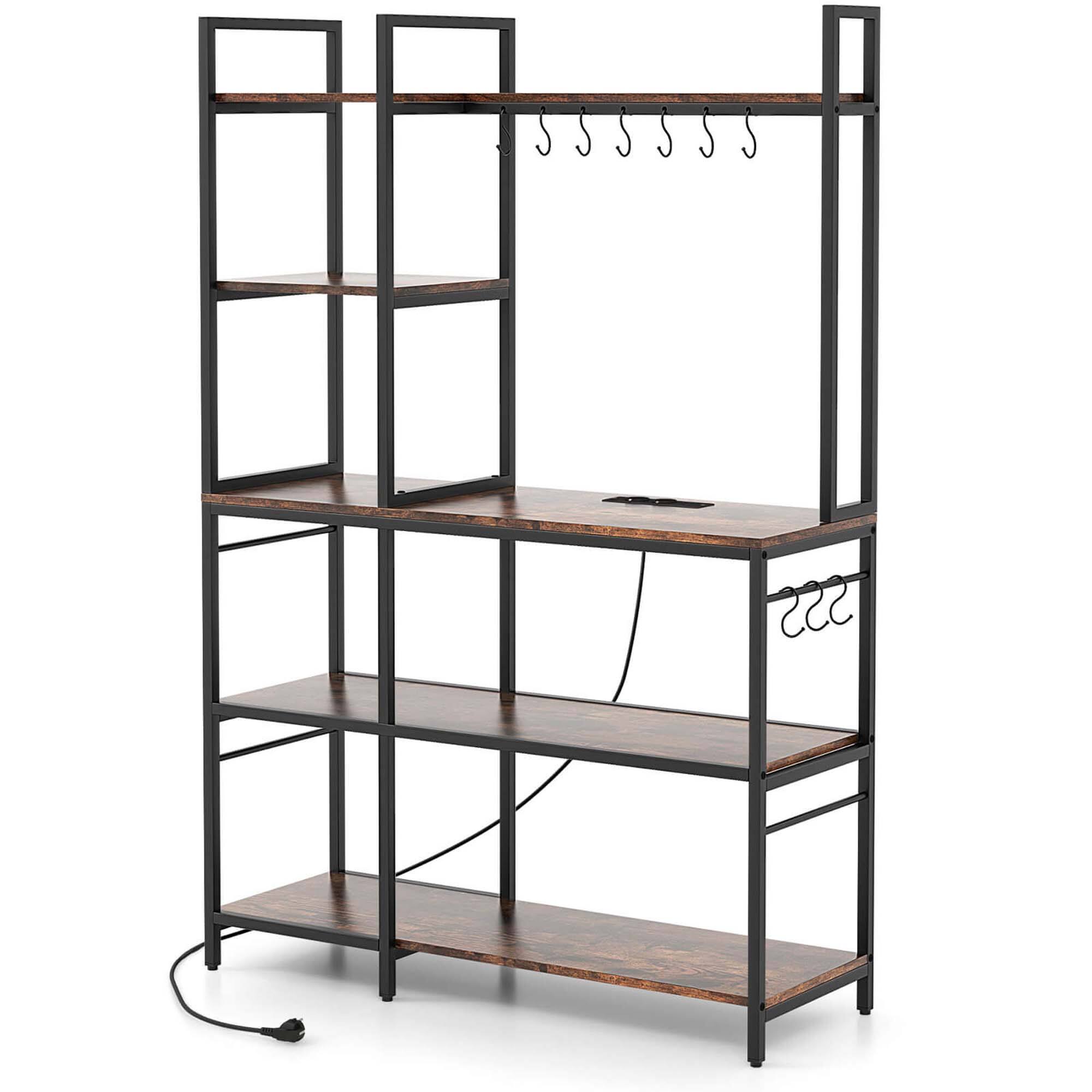 Alt View 9. Costway - Costway Bakers Rack 5-Tier Coffee Bar Table with 10 S-Shaped Hooks & Power Outlets Rustic Brown - Brown.