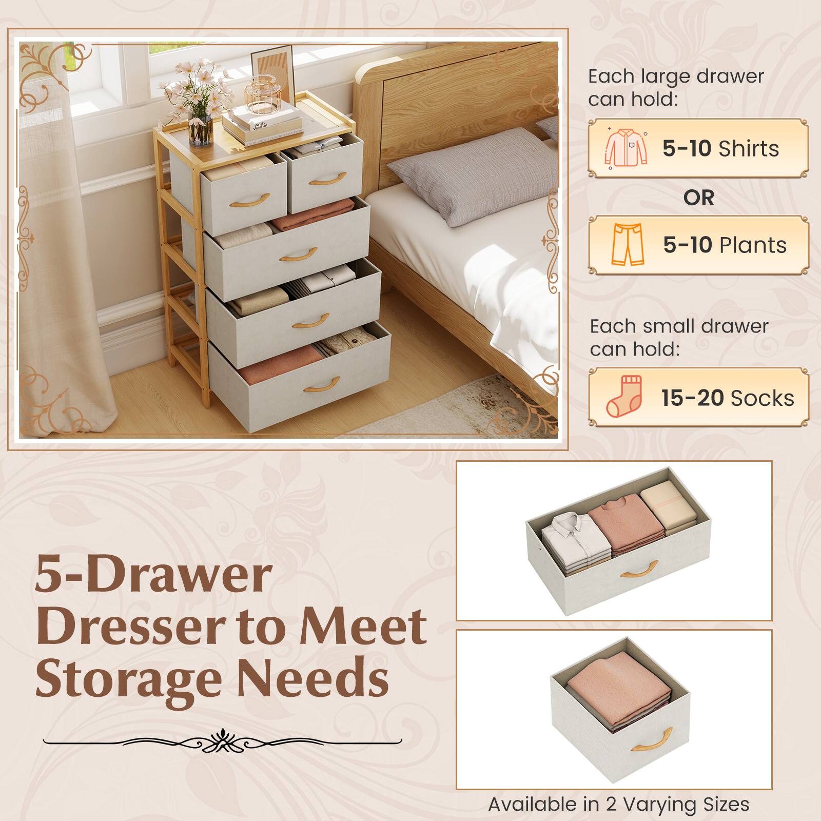 Gymax 5 Drawer Bamboo Chest of Drawers Storage Organizer Unit for