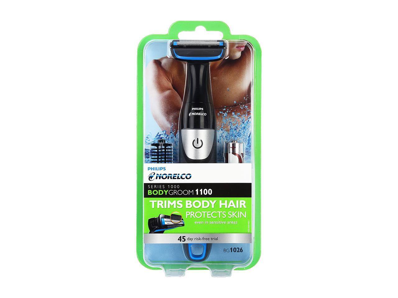 PHILIPS NORELCO  
SERIES 1000  
BODYGROOM 1100  
TRIMS BODY HAIR  
PROTECTS SKIN even in sensitive areas  
45 day risk-free trial  
BG 1026
