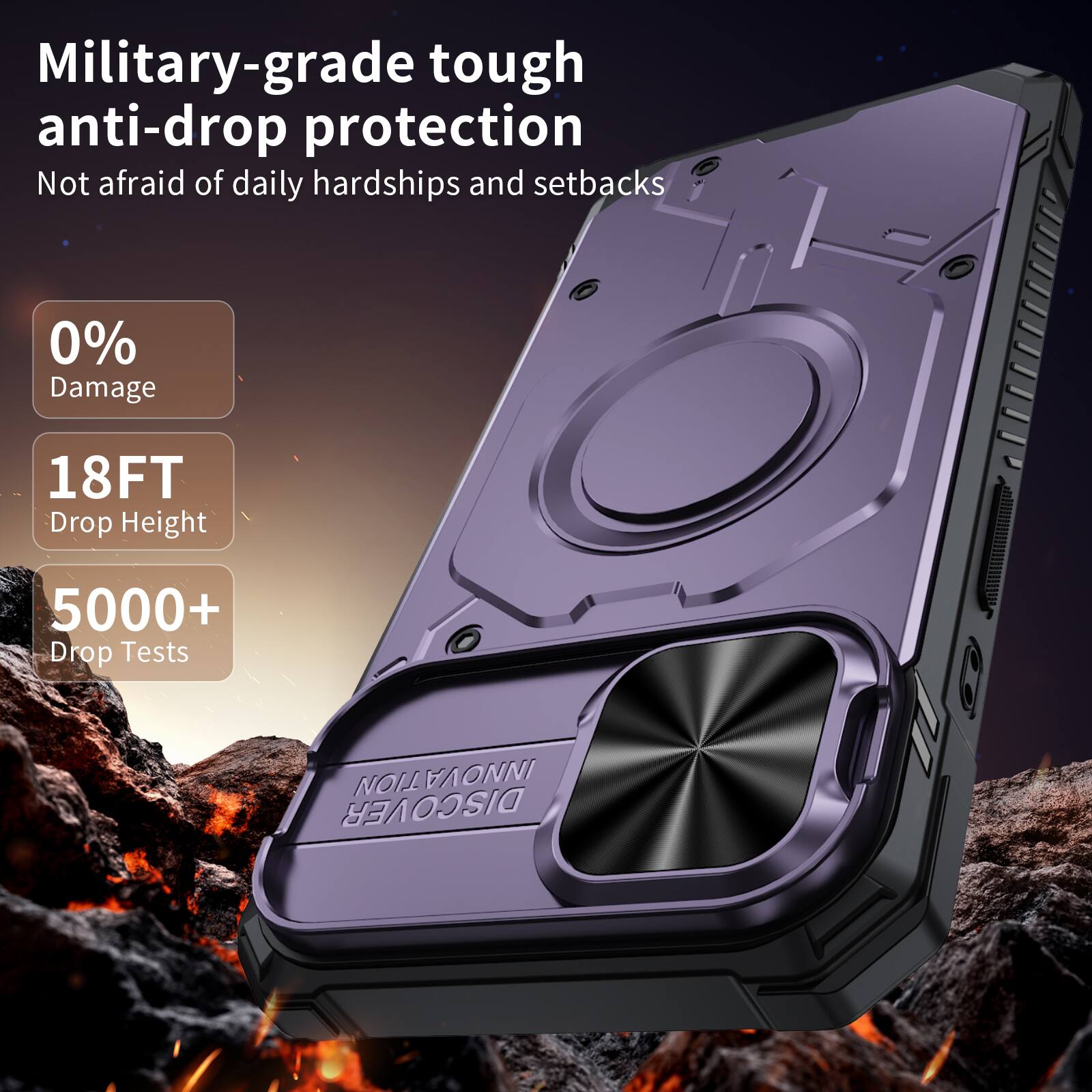 Military-grade tough anti-drop protection  
Not afraid of daily hardships and setbacks  

0% Damage  
18FT Drop Height  
5000+ Drop Tests  

DISCOVER