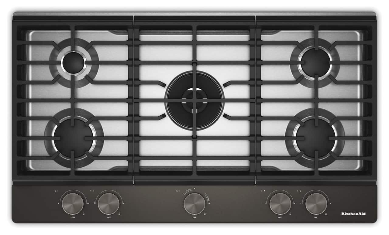 KitchenAid - 36 in. Wide 5 burners Gas Cooktop with   Integrated Wok Grate - Black Ore