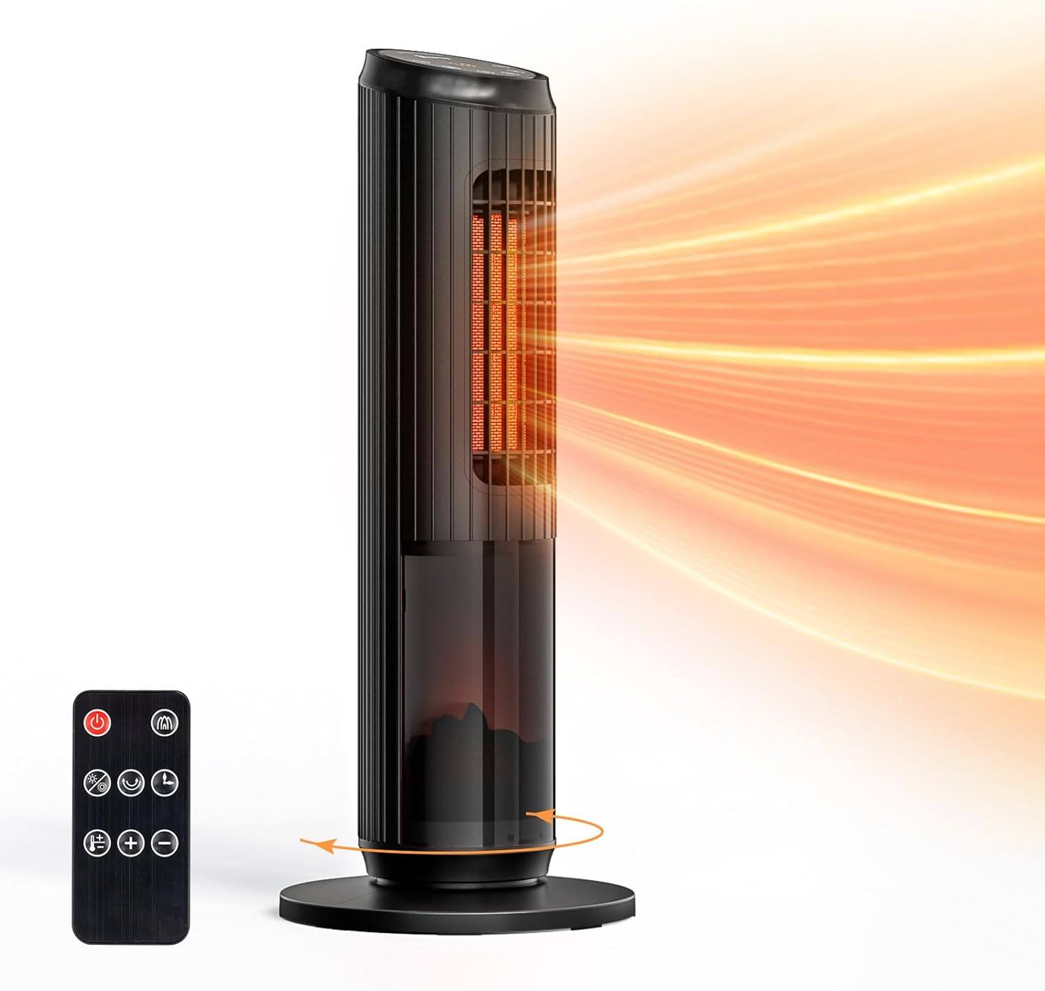 Alt View 1. Winado - 25 inch Tower Space Heater with 3D Flame, 1500W Portable Electric Heater with Thermostat, 60° Oscillation, Timer, Remote - Black.