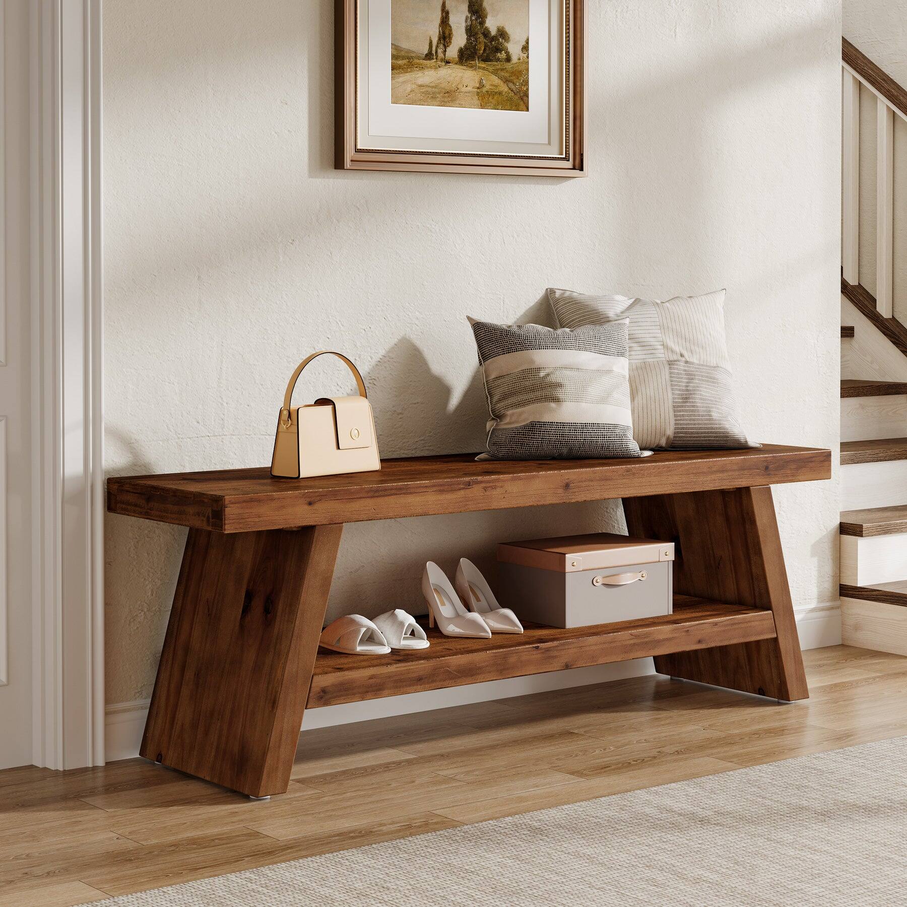 Angle. Tribesigns - Office Reception Bench with Solid Wood Construction, Storage Shelves, for Office Entryways and Waiting Areas - Brown.