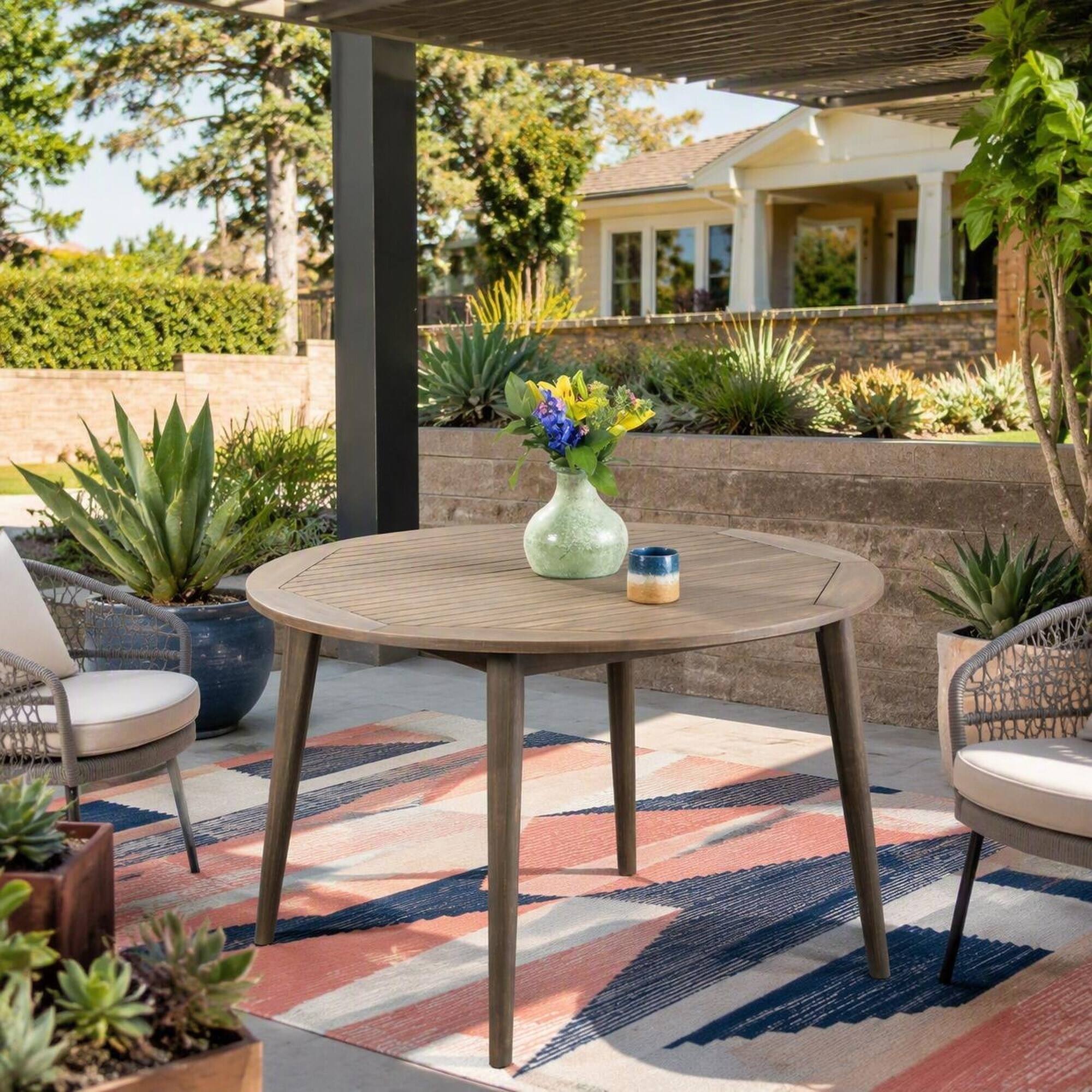 Left. RYHNUYNE - 47.25" Wood Outdoor Dining Table,Square Patio Table with Straight Leg Base, Gray Outdoor Backyard Furniture - Grey.