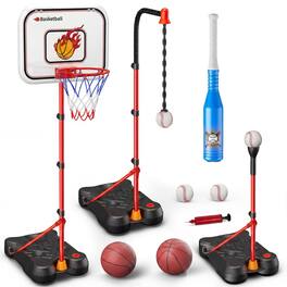 Hurtle - SereneLife 4-in-1 Adjustable Kids Basketball Hoop & T-Ball Stand for Indoor & Outdoor Sports Play - Red