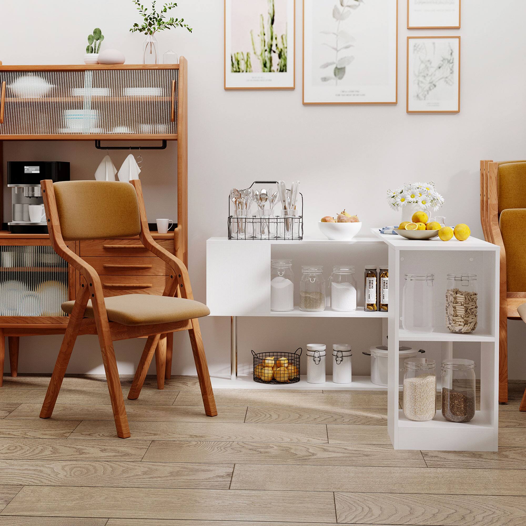 Left. Anysun - 55" 360° Rotating L Shaped Corner Computer Desk with Storage Shelves & Bookshelf, Home Office Workstation - White.