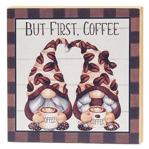 BreeBe - *But First Coffee Gnome Square Wooden Block - Multi