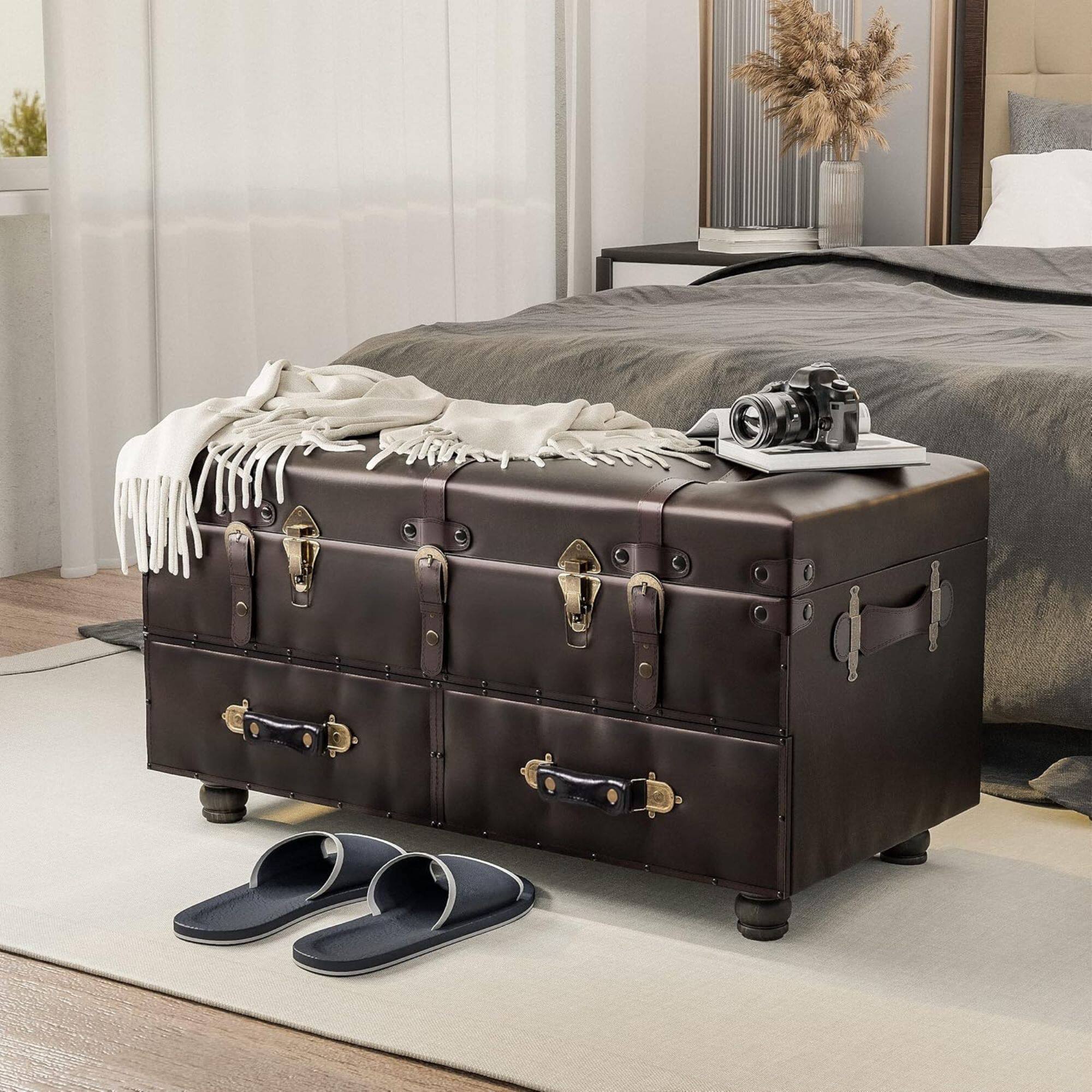 Alt View 5. COZAYH - COZAYH Vintage Storage Bench, Upholstered Wooden Ottoman Chest Box, Black Brown - Black Brown.