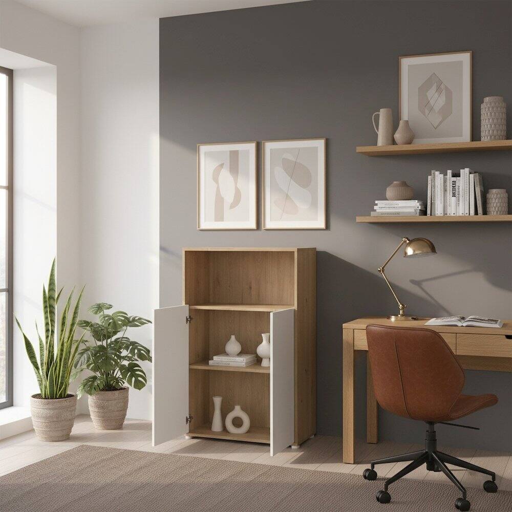 Left. FurniFact - 3-Shelf Bookcase with 2 Doors and Adjustable Storage Shelves - Brown.